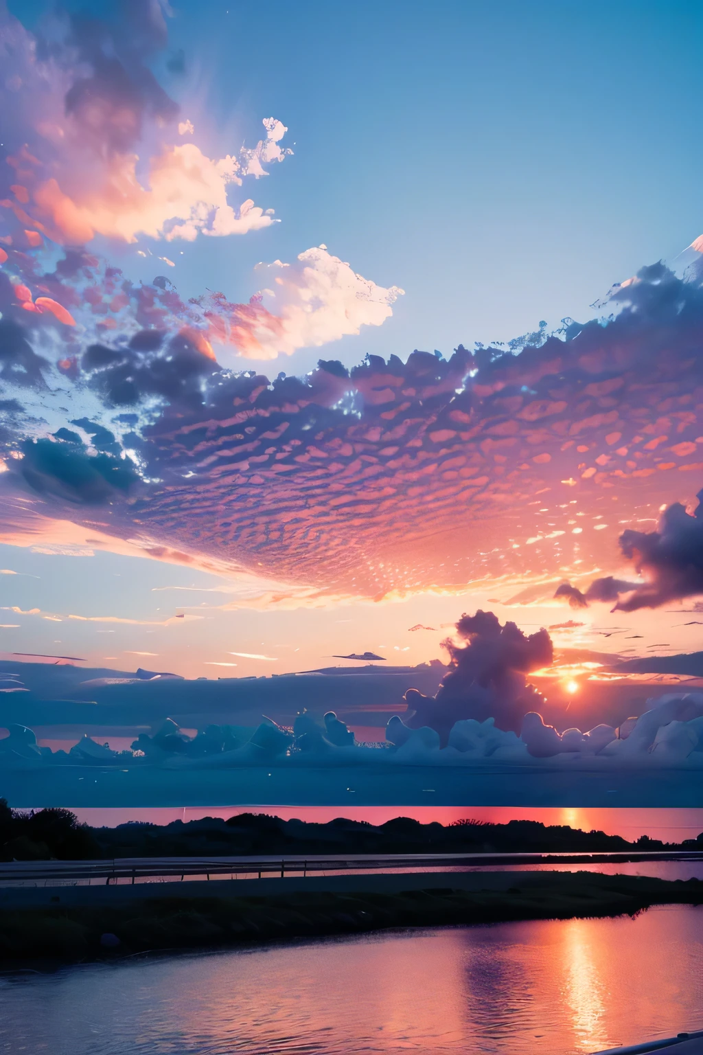 A sunset, blue and pink sky
