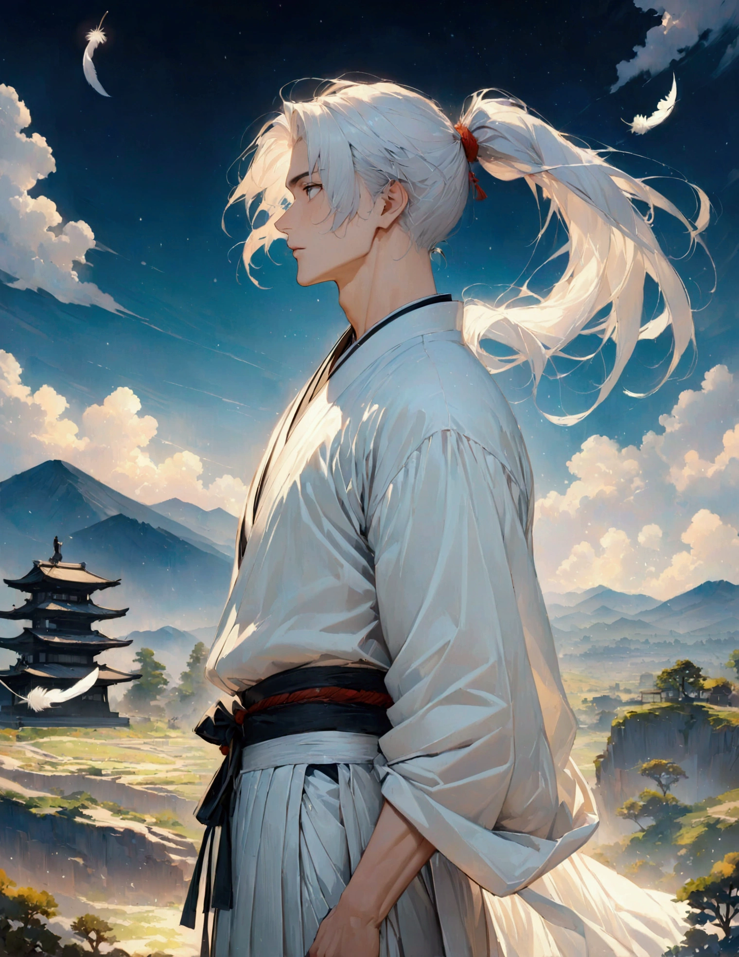 (masterpiece:1.3),(最high quality:1.4),(Very detailedな:1.5),High resolution,Very detailed,8k,artwork,High level of detail,rendering,high quality,Wide range of colors,Countless white feathers rain down,A breathtakingly beautiful nighttime space,Vivid light,((One Anime Guy))、(profile,Landscape),Cool handsome guy,Swordsman、(White Hair)、Long hair that reaches down to the waist is tied in a single ponytail、White Hakama、白いSwordsmanの服装、((samurai)),There's a sword on his waist、Looking up with a blank look。