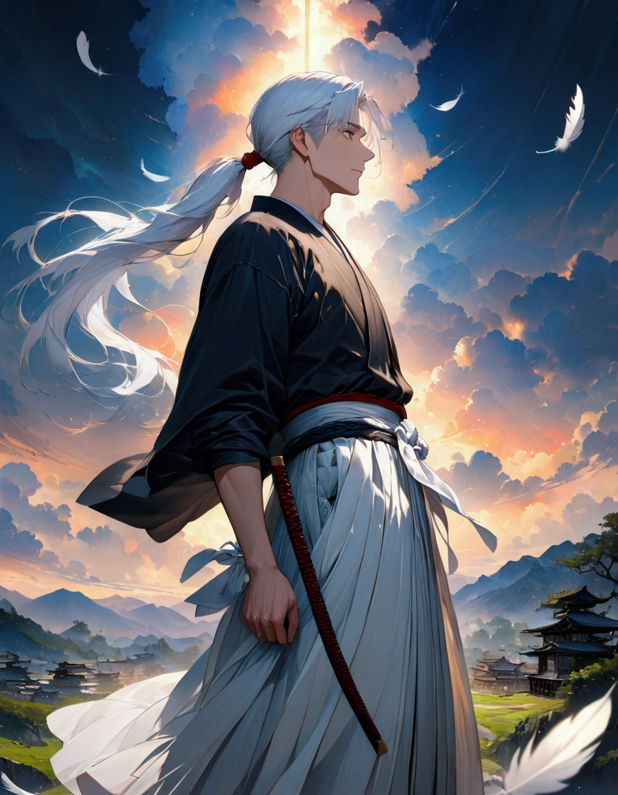 (masterpiece:1.3),(最high quality:1.4),(Very detailedな:1.5),High resolution,Very detailed,8k,artwork,High level of detail,rendering,high quality,Wide range of colors,Countless white feathers rain down,A breathtakingly beautiful nighttime space,Vivid light,((One Anime Guy))、(profile,Landscape),Cool handsome guy,Swordsman、(White Hair)、Long hair that reaches down to the waist is tied in a single ponytail、White Hakama、白いSwordsmanの服装、((samurai)),There's a sword on his waist、Looking up with a blank look。