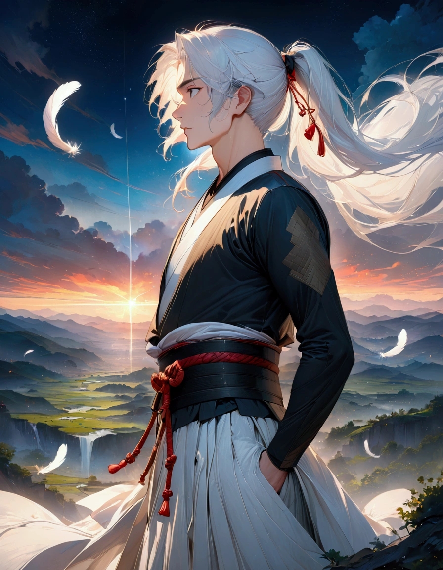 
(masterpiece:1.3),(最high quality:1.4),(Very detailedな:1.5),High resolution,Very detailed,8k,artwork,High level of detail,rendering,high quality,Wide range of colors,Countless white feathers rain down,A breathtakingly beautiful nighttime space,Vivid light,((One Anime Guy))、(profile,Landscape),Cool handsome guy,Swordsman、(White Hair)、Long hair that reaches down to the waist is tied in a single ponytail、White Hakama、白いSwordsmanの服装、((samurai)),There&#39;s a sword on his waist、Looking up with a blank look。