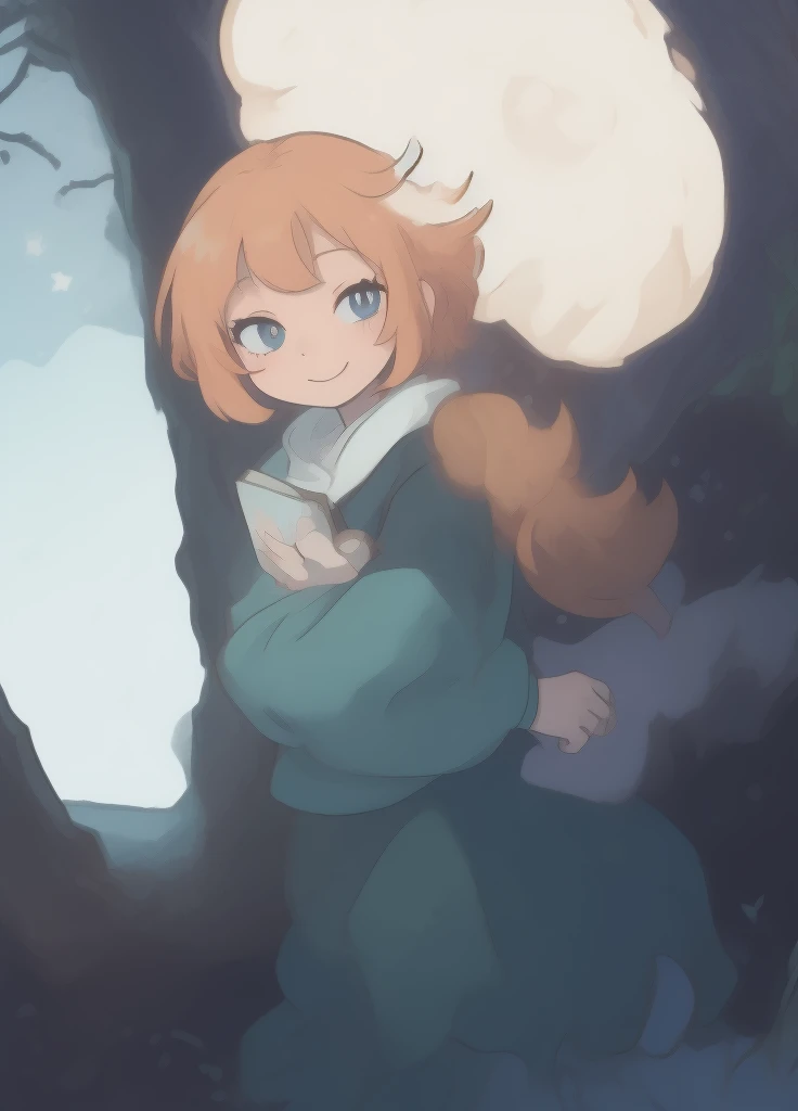 A starry night in the world of Pokemon. A young Pokemon trainer sits near a cozy campfire in the forest. She is surrounded by her loyal Pokemon, Who are lying next to her. She is reading an old book, And pages, Illuminated by fire, View a map of a mysterious location in the Pokemon world, The young coach has a smile on her face, Her Pokemon looks relaxed and content next to her. The light of a campfire casts dancing shadows on the nearby trees, The stars shine brightly in the night sky. There&#39;s a sense of calm and magic in the air when a Trainer gets lost in the stories of the Pokémon world.