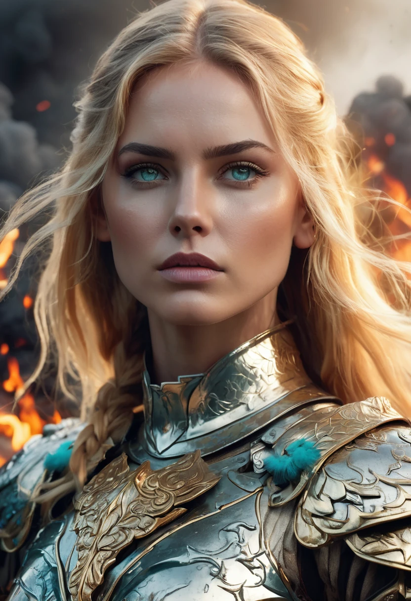 1 woman, inside a war field surrounded by fire, wearing silver armor, detailed facial features, feminine turquoise eyes, pointed ear, detailed fair skin, long golden blonde hair, full body shot, dramatic lighting, cinematic composition, cool palette, dark colors, atmospheric haze, bulky body, thin chin, serious face, serious face, strong and beautiful woman (best quality, 4K, 8K, high resolution, art: 1.2), ultra detailed (realistic, photorealistic, photorealistic: 1.37)