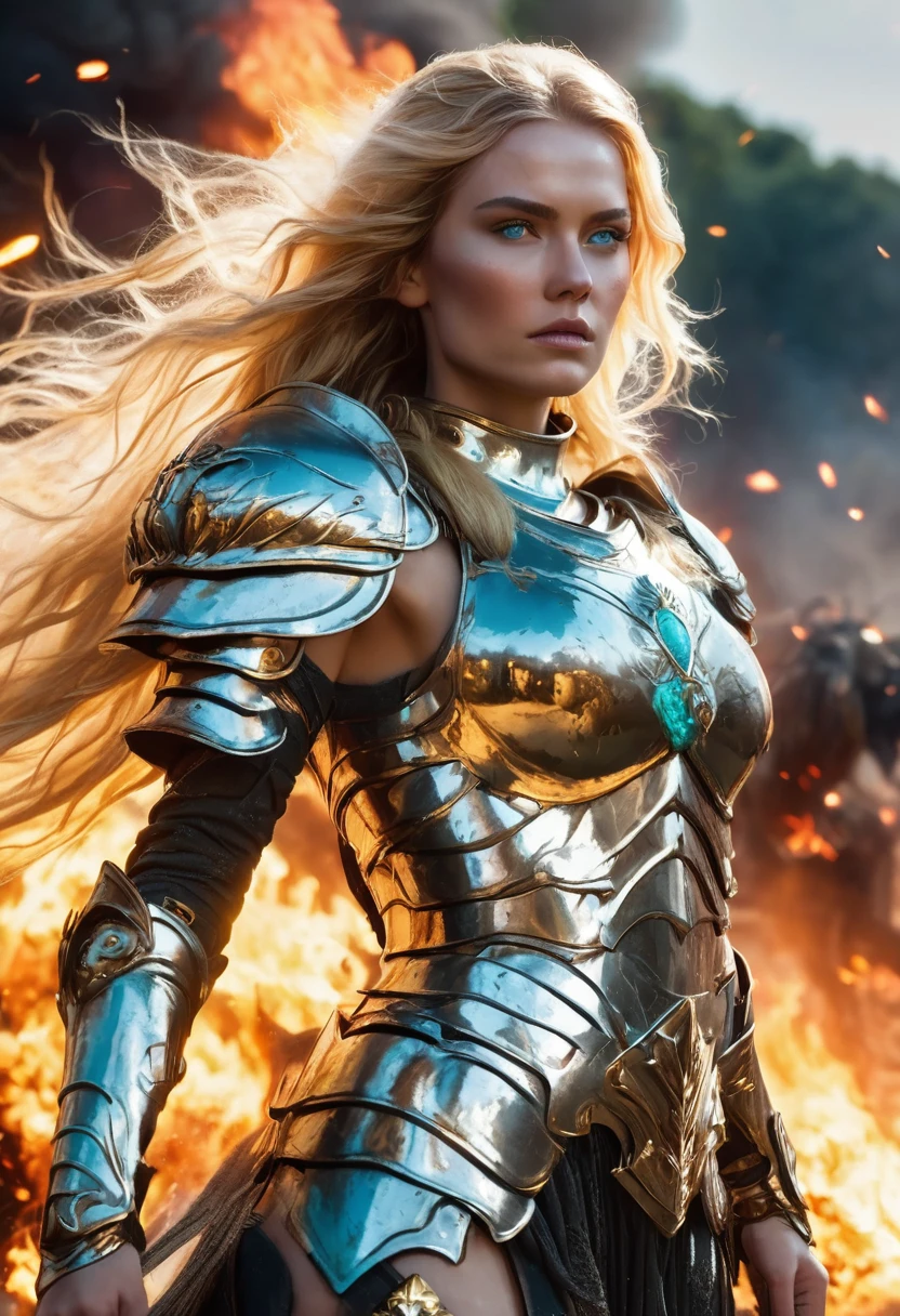 1 woman, inside a war field surrounded by fire, wearing silver armor, detailed facial features, feminine turquoise eyes, pointed ear, detailed fair skin, long golden blonde hair, full body shot, dramatic lighting, cinematic composition, cool palette, dark colors, atmospheric haze, bulky body, thin chin, serious face, serious face, strong and beautiful woman (best quality, 4K, 8K, high resolution, art: 1.2), ultra detailed (realistic, photorealistic, photorealistic: 1.37)