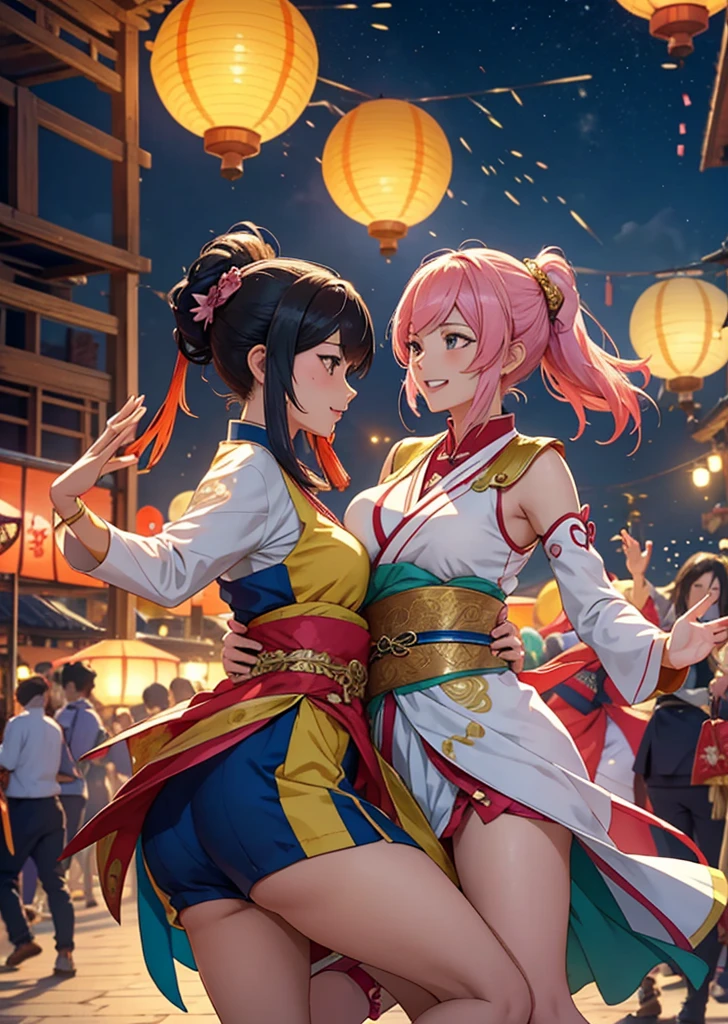 "A group of anime-style animated female characters, inspired by the look of Genshin Impact, dancing happily in a colorful festival. The characters wear traditional and sensual clothing that is stylized and graceful, with unique designs that reflect their personalities. The setting is a city square. city at night, lit by floating lanterns and fireworks. The scene captures the fluid movement of the dance and the vibrant energy of the festival."
This description maintains the lively spirit and visual style you mentioned, but in a more fitting, celebration- and dance-focused way. If you would like me to modify or elaborate on any aspect of this prompt, feel free to let me know.