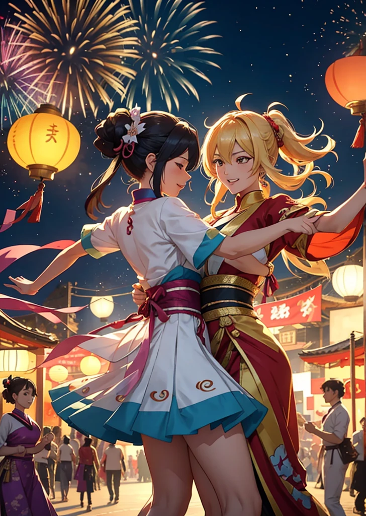 "A group of anime-style animated female characters, inspired by the look of Genshin Impact, dancing happily in a colorful festival. The characters wear traditional and sensual clothing that is stylized and graceful, with unique designs that reflect their personalities. The setting is a city square. city at night, lit by floating lanterns and fireworks. The scene captures the fluid movement of the dance and the vibrant energy of the festival."
This description maintains the lively spirit and visual style you mentioned, but in a more fitting, celebration- and dance-focused way. If you would like me to modify or elaborate on any aspect of this prompt, feel free to let me know.