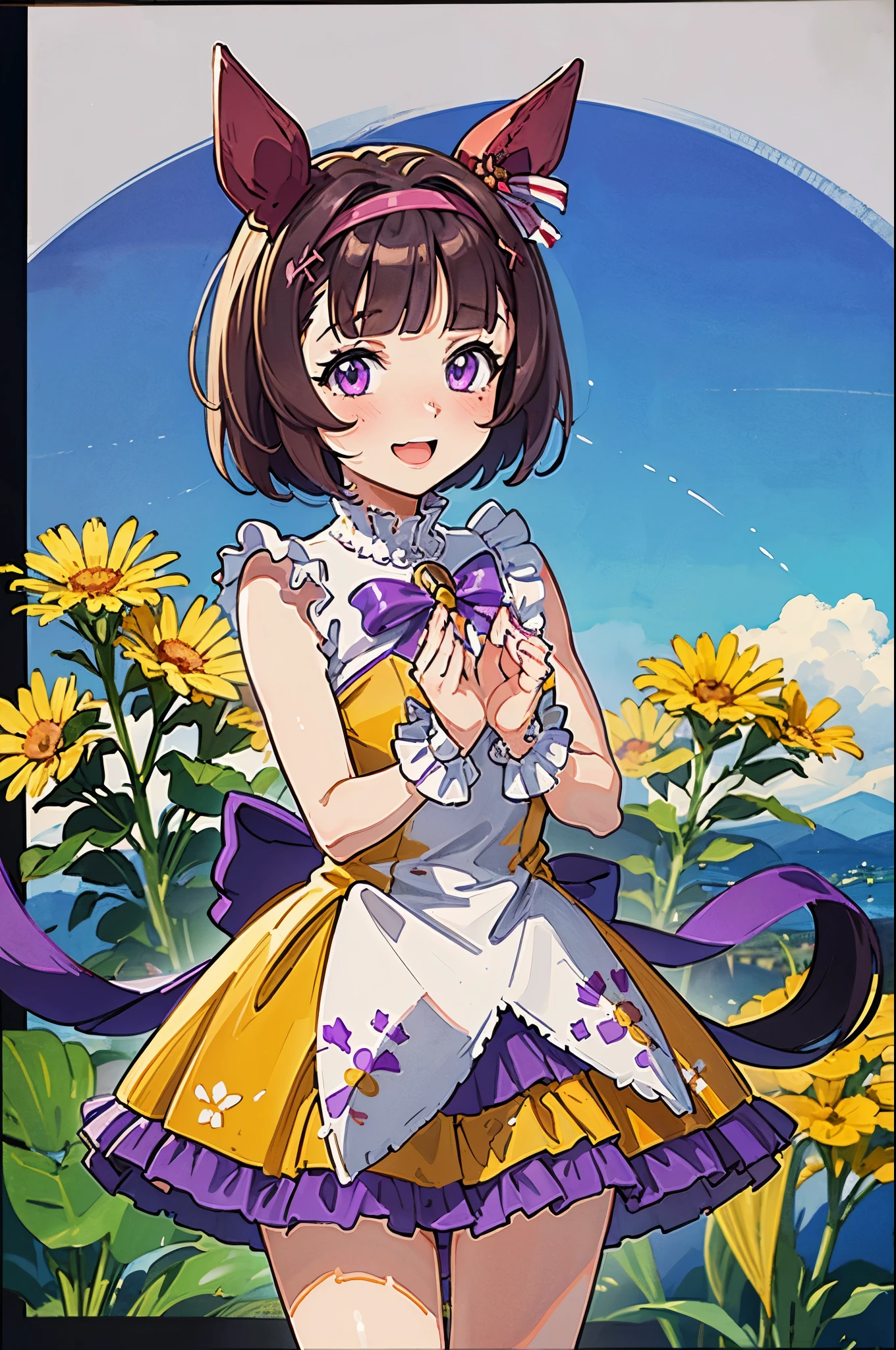 Browsing Caution, , Pull up the dress,Bare Chest,Nipples,Round genitals,Revealing clothing,Uma Musume,West Wildflower,Marl,short hair,Red headband,beautiful Purple eyes,Purple and yellow dress,ribbon,,,Curvaceous,garden,smile with open mouth,blush,Embarrassed face,Best image quality,Tabletop,)),(masterpiece),shape,Brown Hair,Long Hair,Purple eyes,flowing bangs,Long Bangs,Long Hair,Small breasts,Hair covering the right eye, smile,Looking at the audience,((Highly detailed eyes)), masterpiece, Highest quality, 