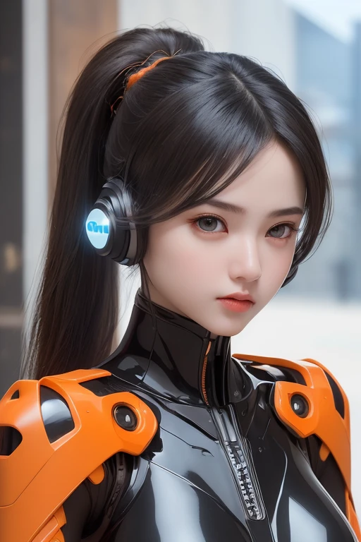 Top Quality, Masterpiece, Ultra High Resolution, (Photorealistic: 1.4), Raw Photo, 1 Girl, Black Hair, Glossy Skin, 1 Mechanical Girl, (((Ultra Realistic Details)), Portrait, Global Illumination, Shadows, Octane Rendering, 8K, Ultra Sharp, Intricate Ornaments Details, realistic skin, sweat effect, ((wearing Headphone)), very intricate detail, realistic light, CGSoation trend, brown eyes, glowing eyes, matte black and glossy orange mechanical bodysuit, Long hair, black hair, Ponytail hair, Half body shot, spaceship bridge background, dynamic pose, Embarrassed, Pout,