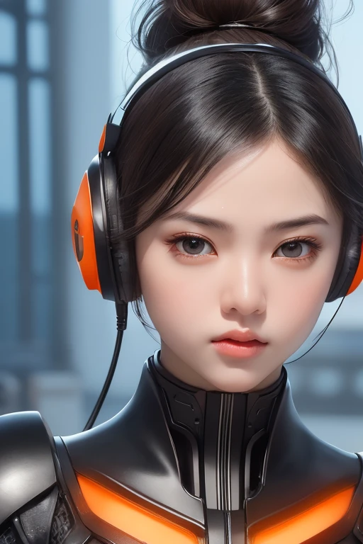Top Quality, Masterpiece, Ultra High Resolution, (Photorealistic: 1.4), Raw Photo, 1 Girl, Black Hair, Glossy Skin, 1 Mechanical Girl, (((Ultra Realistic Details)), Portrait, Global Illumination, Shadows, Octane Rendering, 8K, Ultra Sharp, Intricate Ornaments Details, realistic skin, sweat effect, ((wearing Headphone)), very intricate detail, realistic light, CGSoation trend, brown eyes, glowing eyes, matte black and glossy orange mechanical bodysuit, Long hair, black hair, Ponytail hair, Half body shot, spaceship bridge background, dynamic pose, Embarrassed, Pout, 