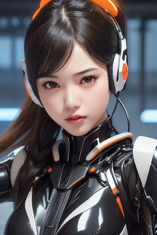 Top Quality, Masterpiece, Ultra High Resolution, (Photorealistic: 1.4), Raw Photo, 1 Girl, Black Hair, Glossy Skin, 1 Mechanical Girl, (((Ultra Realistic Details)), Portrait, Global Illumination, Shadows, Octane Rendering, 8K, Ultra Sharp, Intricate Ornaments Details, realistic skin, sweat effect, ((wearing Headphone)), very intricate detail, realistic light, CGSoation trend, brown eyes, glowing eyes, matte black and glossy orange mechanical bodysuit, Long hair, black hair, Ponytail hair, Half body shot, spaceship bridge background, dynamic pose, Embarrassed, Pout,