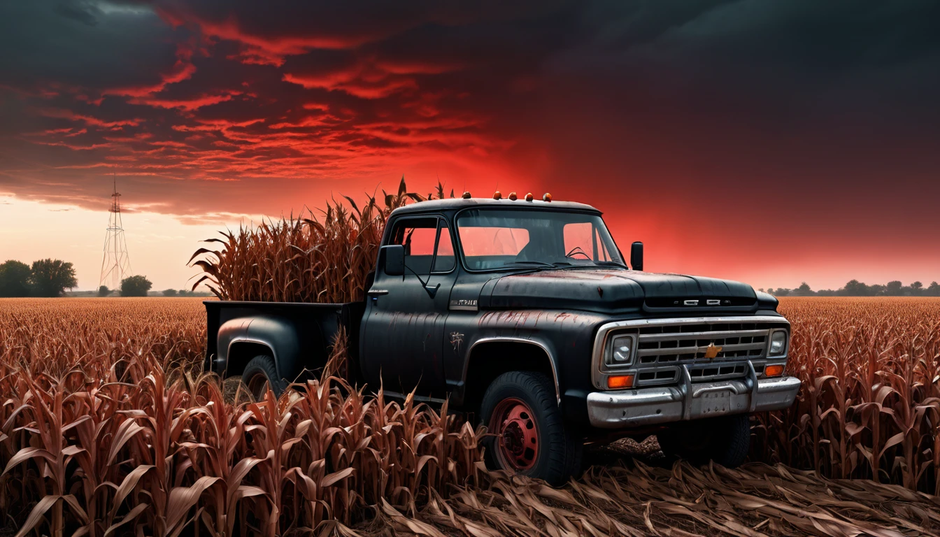 010: Create a hyper-realistic image of a black truck abandoned in the middle of a cornfield under a blood-red sky. The corn stalks are tall and dense, creating a labyrinthine landscape that feels inescapable. The truck is old and battered, with its doors slightly ajar, and strange symbols are carved into its side. The field is silent, but there is a palpable sense of something lurking just out of sight. The atmosphere is oppressive, with an otherworldly tension that makes the scene feel alive with unseen danger. The image should be in a 16:9 format, with deep shadows and eerie lighting that enhance the sense of horror and isolation.