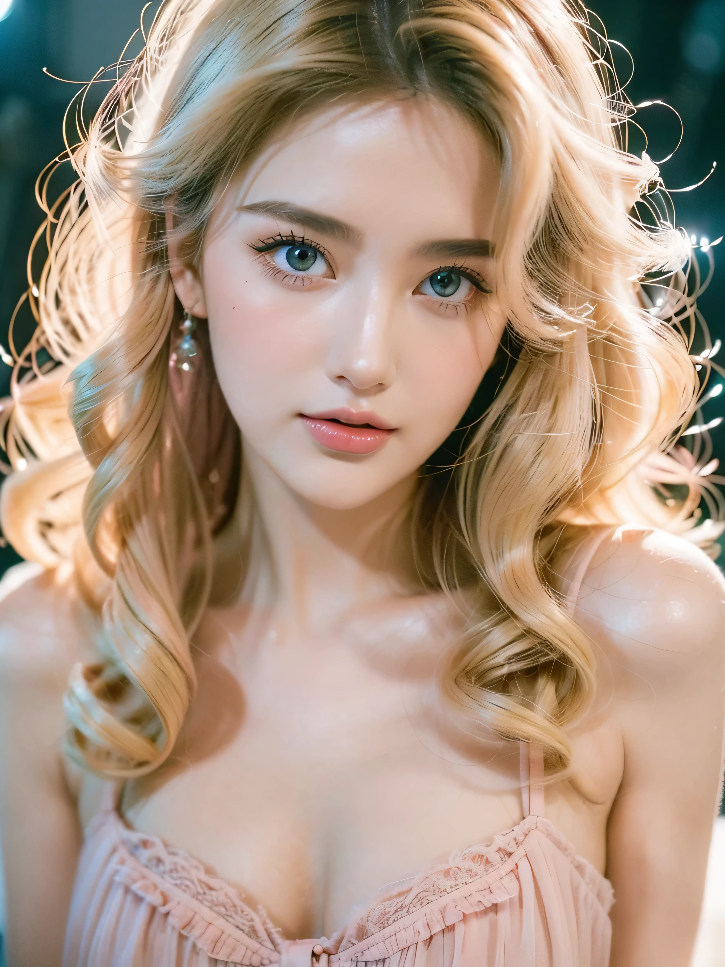 (close up of a beautiful 26 year old girl in a light pink vintage dress), movie stock photos, camera f1. 6, saturated colors, Vibrant, lifelike textures, Impressive classic lighting, Modern style,  full body photo, Evening, Curly hair has just been dyed light blonde
