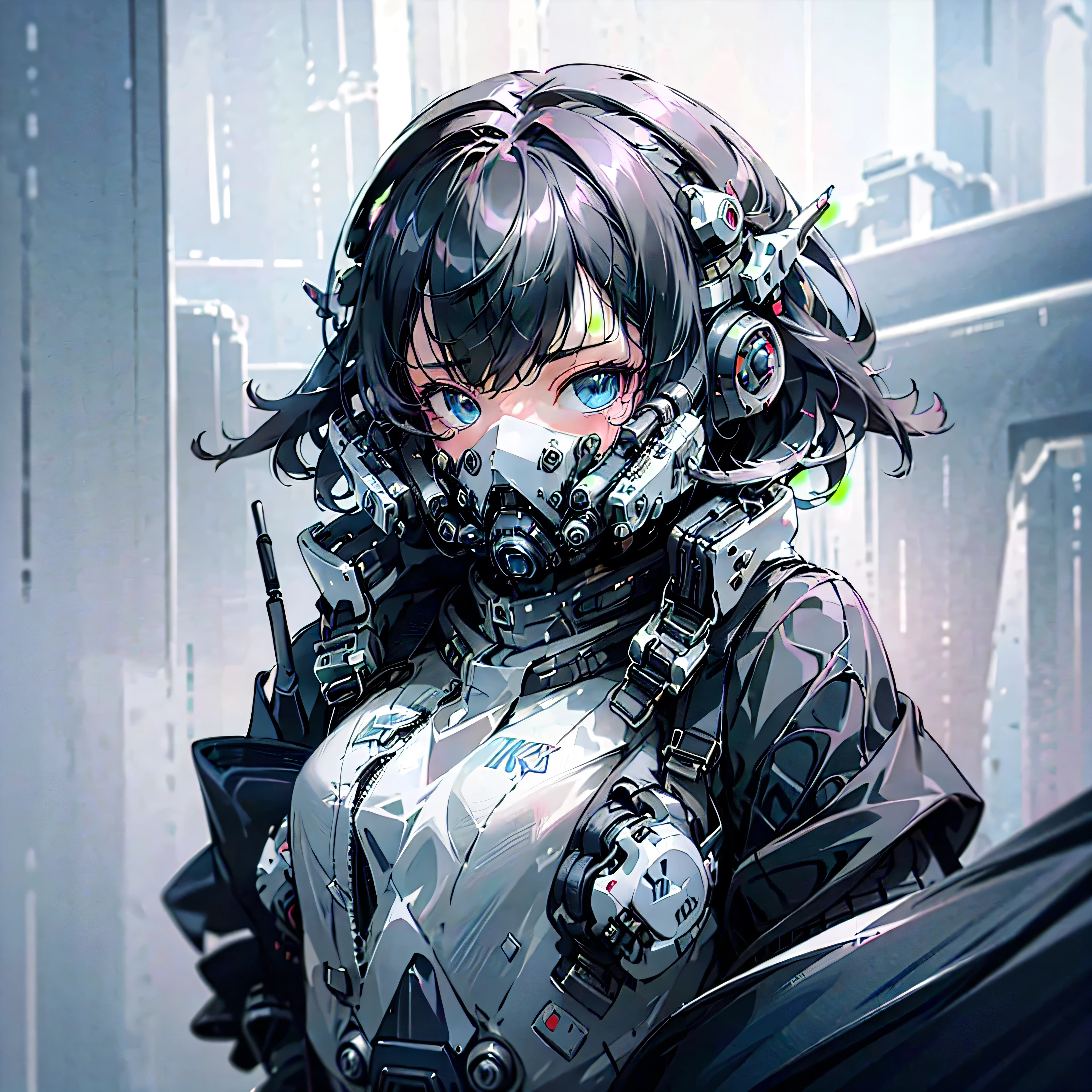 (8k, RAW photo, best quality, masterpiece:1.2), (realistic, photo-realistic:1.4), ultra-detailed,1girl, short black hair, blue eyes, wearing cyber mask, angry face, in the middle of battlefield, dusty, full body, cyberpunk, cyber helmet, mask on, techpunkwear