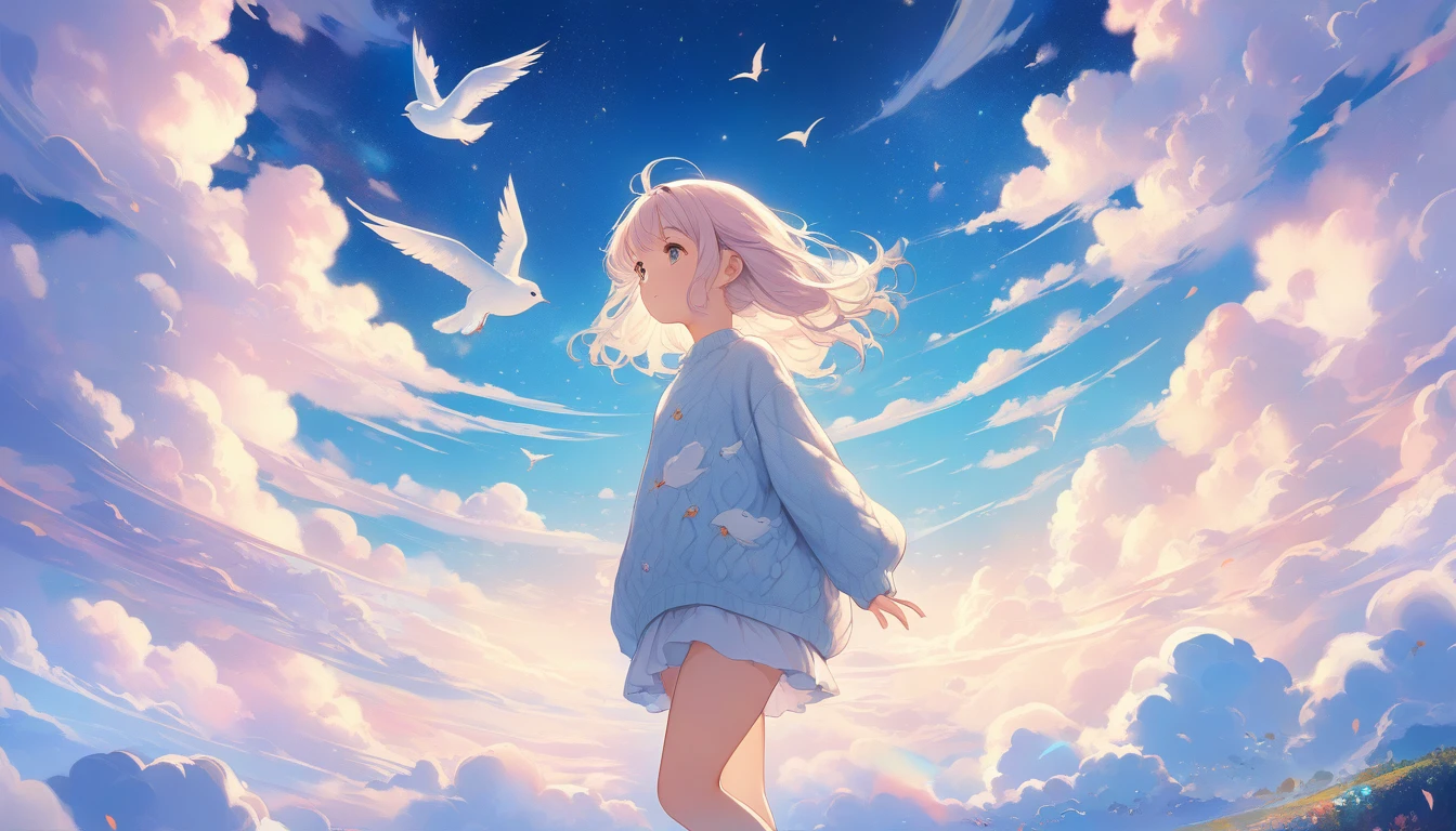 (best quality,4K,8K,High resolution,masterpiece:1.2), The girl in the clouds has hair as fluffy as clouds,bird overhead,soft sweater,tiny stars, fantasy illustration, dream color, Children's illustration style.bright colors