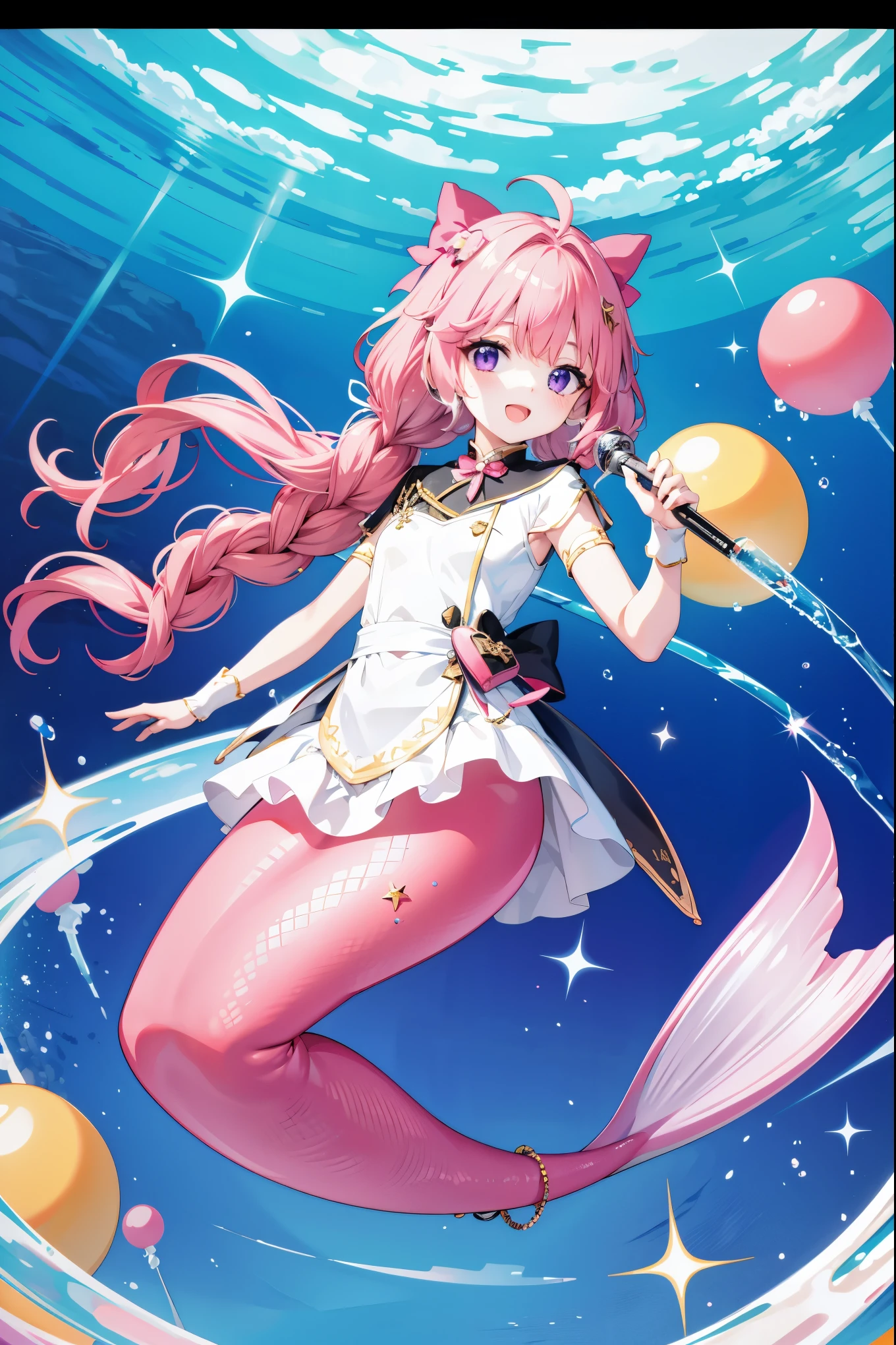 masterpiece, best quality,1 Girl, solo, Long hair, Looking at the audience, blush, Smile, open mouth, Bangs, Hair accessories, bow, Double tail, Purple Eyes, Pink Hair, Ahog, White hair,Colorful hair, trumpet, Virtual YouTuber, low Double tail, pink bow,Mermaid,粉色的Mermaid尾巴,full-body shot,Looking at the audience,