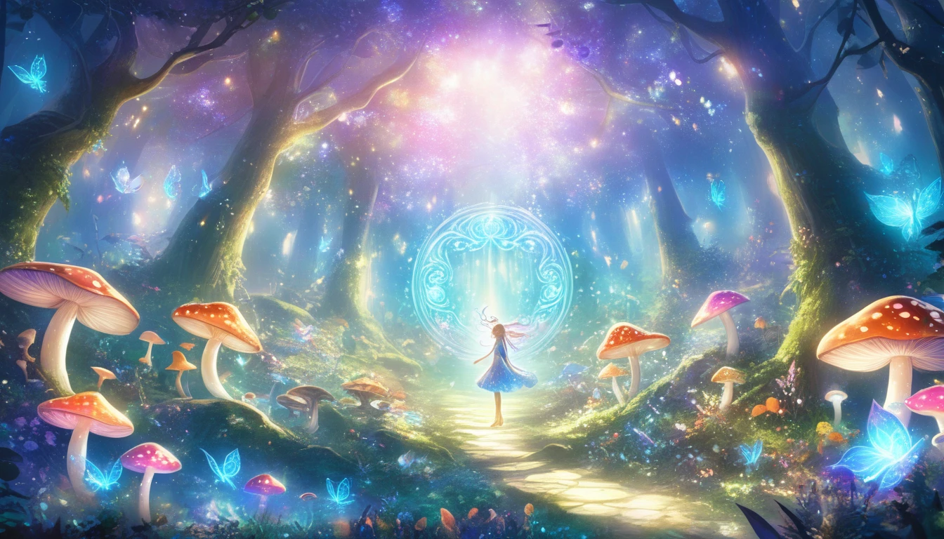 best quality,high resolution,masterpiece:1.2,Super detailed,actual,photoactual,psychedelic mushrooms,enchanted forest,Glowing Mushroom,dreamlike atmosphere,Floating spores,colorful vegetation,fairy lights,magical pattern,ethereal atmosphere,Whimsical fantasies,magical creatures,mysterious landscape,bright colors,Soft diffuse lighting,otherworldly beauty,Exquisite flora and fauna,mysterious light,unforgettably beautiful,transcend,peaceful atmosphere,mythology figure,Glowing leaves,magical light,Daydreaming,Serene and surreal,ethereal atmosphere,Whisper of magic,Engaging scenes,Hypnotic artwork,Sparkling portal,Mushroom wonderland,Magic lighting