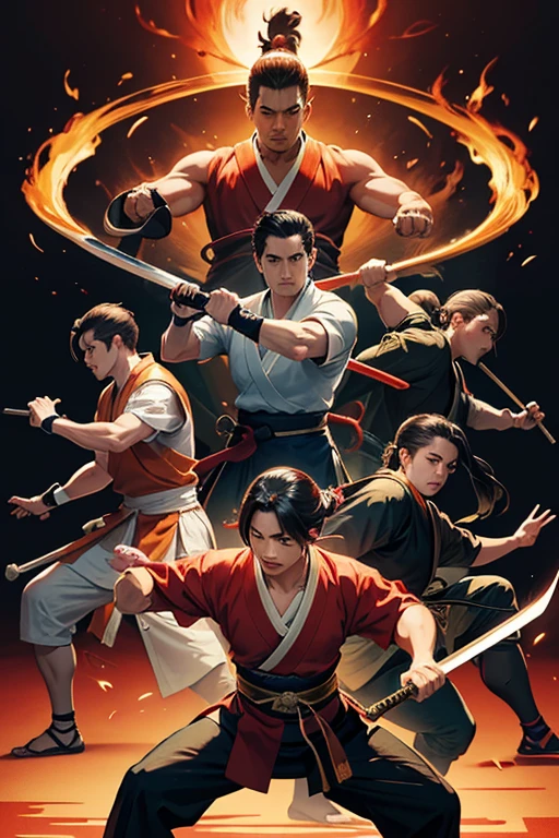 a group of photos of men in martial poses and a man with a sword, inspired by Liao Chi-chun, in the style of sifu 🔥 😎 🕹️ 👀 :2, inspired by Baiōken Eishun, inspired by Kanō Eitoku, 60s kung fu film, inspired by Zhu Da, 8K