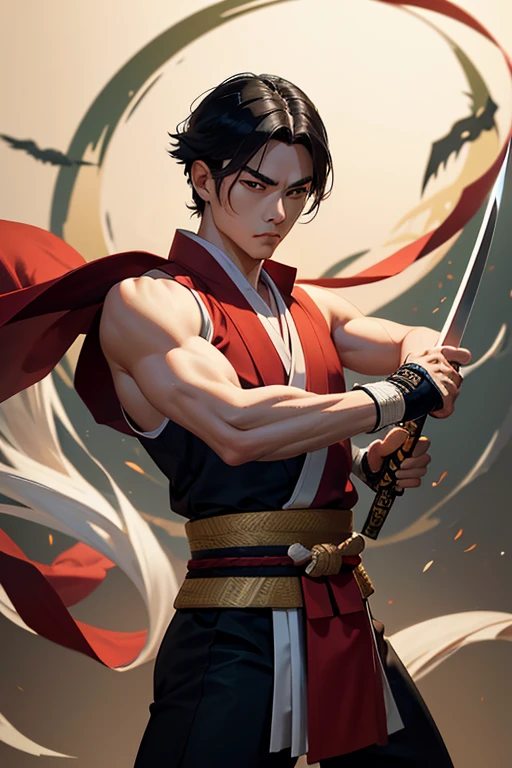 A hot-blooded boy with a strong sense of justice。Holding a Nichirin sword、Rin fighting demons々With a serious expression、In the landscape where the morning sun shines、Show a kind smile。The background is a bamboo forest and sunrise.、A powerful and hopeful atmosphere。