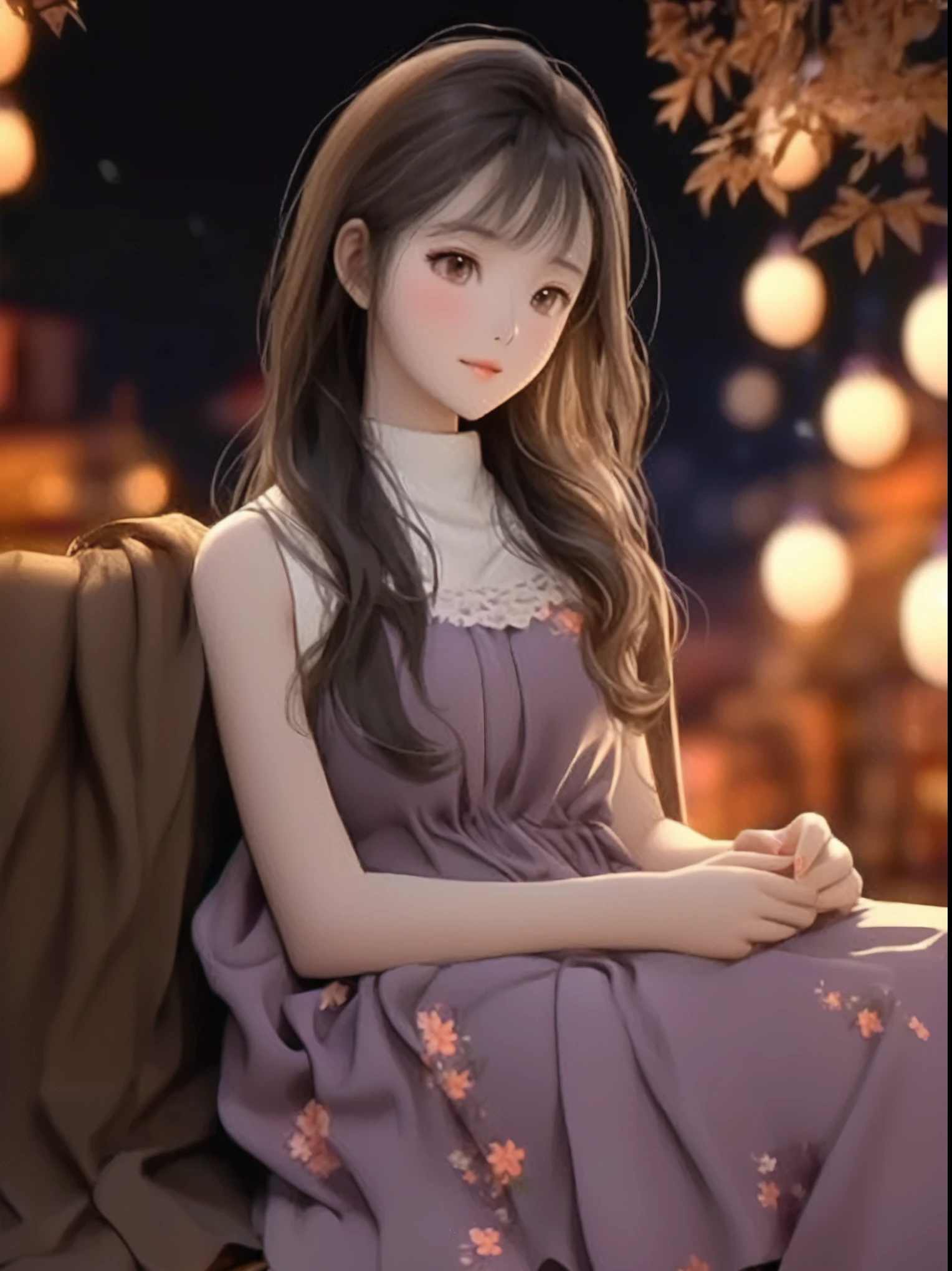 A woman in a purple dress sits on a bench, cute Japanese cartoons waifu in a nice dress, beautiful Japanese cartoons girl, Japanese cartoons girl with long hair, Japanese cartoons. Soft lighting, Popular on cgstation, realistic young Japanese cartoons girl, pretty Japanese cartoons girl, beautiful Japanese cartoons style, cute Japanese cartoons girl, Cute and elegant pose, Gu Weiss, realistic Japanese cartoons 3 d style, young Japanese cartoons girl