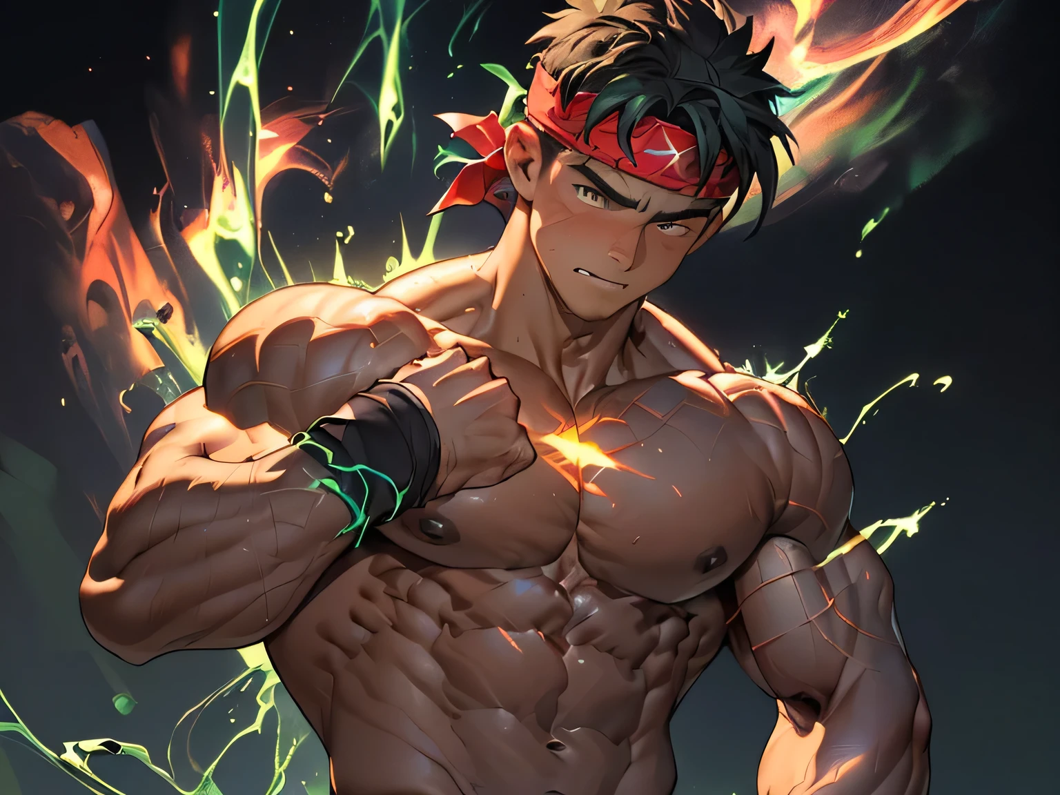 ((masterpiece, best quality)), (((((black background, deep night, upper body))))), (19 year old boy, worm eyes, Young boy, muscler, Shirtless, topless), ((((1boy, flesh, tough, reliable, developed body, blue and green aura effect, holding aura energy)))), (Dark Short straight hair, ((almost completely shaved hair)), under cut, brown eyes), (((red headband, black wristband))), Vivid colors, ((hot Abs:1.2, abs!, big abs, big breast:1.2, chest!, muscler upper arms)), muscler!, muscler body, detailed face, detailed muscle, (((rippling muscles, boxing stance, Flowing energy, giving off an aura of holy power)))
