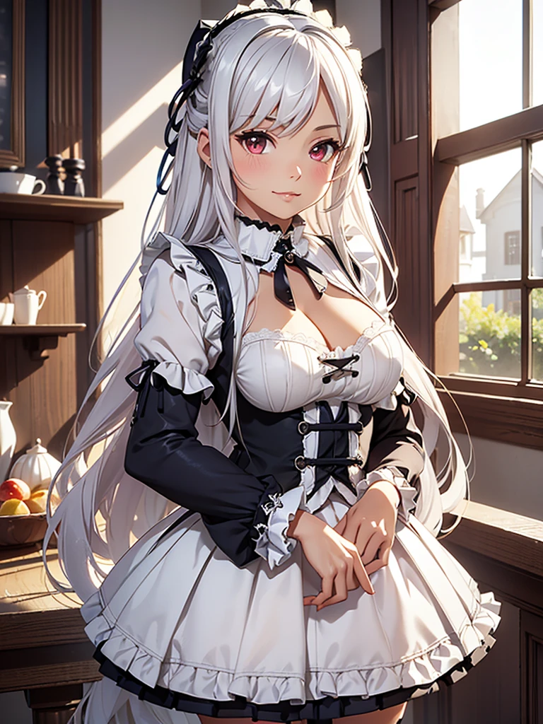 ((Tabletop)), high quality,(Focus on people:1.3),( Realistic:1.3),Very detailed, Silver Hair, (White clothes: 1.2),(Gothic ta:1.3), A kind and sensitive girl, Hmph, (Loli.5), Delicate facial features, Glossy lips,Perfect figure, Bright bright colors, Romantic long hair, Natural light,Red eyes, Gorgeous hair ornament,(Fluffy mini skirt:1.4),Cleavage,Wide open chest,I can see your thighs,(exposure of skin:1.4),Closed mouth smile,
