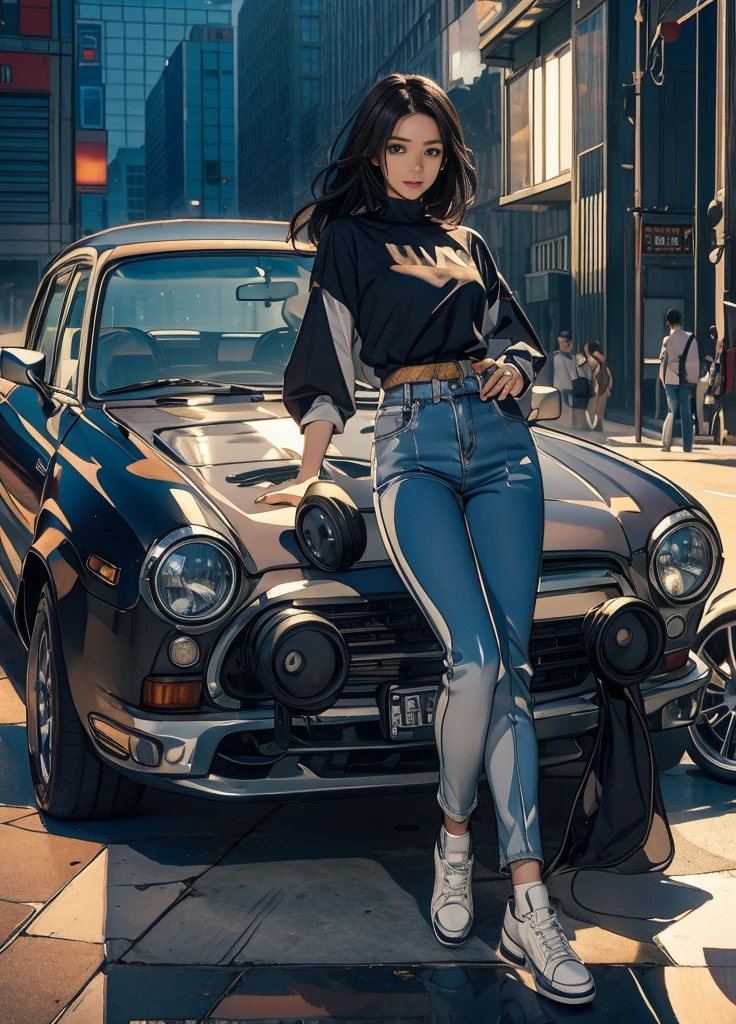 1girl, solo, long hair, looking at viewer, shirt, black hair, white shirt, ass, outdoors, day, looking back, pants, from behind, black footwear, high heels, tree, squatting, denim, ground vehicle, building, motor vehicle, sleeves rolled up, jeans, butt crack, car, road, vehicle focus, sports car