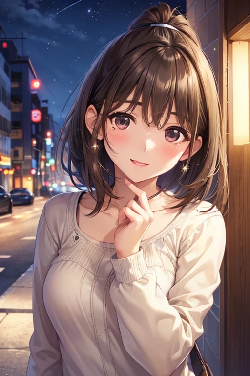 anegasaki nene、Shiny brown hair, short hair, (Beautiful brown eyes、Sparkling eyes, Fine grain)、smile、Ultra-detailed eyes、Highly detailed face, Highly detailed eyes,

Cowboy Shot、

(Close-up of a woman)、Depiction of the upper body、30-year-old woman、smile、((ponytail、Brown Hair))、blush、(Please open your mouth a little、High resolution、16K))、Cute Winter Clothes、((Late night love hotel district、neon))
