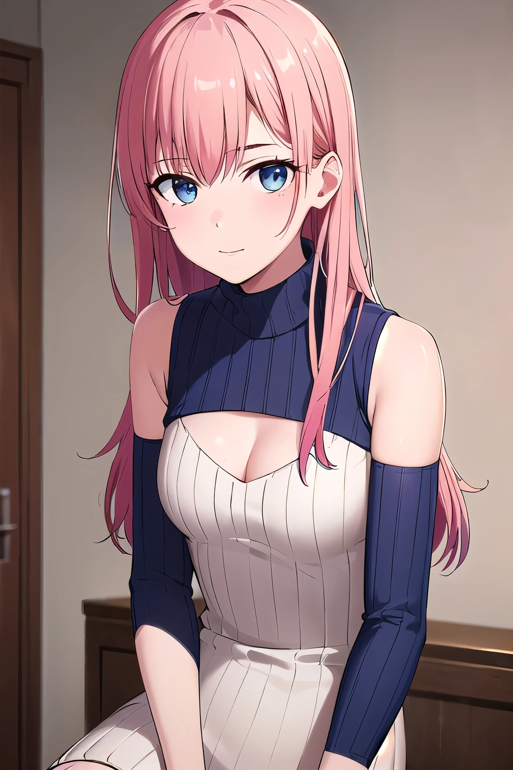 (8K, top-quality, masterpiece:1.2), (reallistic, Photorealsitic:1.37), Super Detail, One girl,), (Highly detailed), (beautifully detailed eyes), (of the highest quality), (super detailed ), (masterpiece), (Detailed face),20yr old, ,1 girl, ((pink hair,long hair)), medium breasts, clothed, Perfect Lighting, BREAK, (tight, horizontal-striped, turtleneck knit dress:1.3), (navy, cream colors:1.2), (high-quality, soft, wool-cashmere blend:1.2), (ribbed cuffs hem:1.1), (chest cutout:1.2), (navy suede, thigh-high boots:1.3), (gold jewelry:1.2), BRAKE, (upper body to knee:1.4), (long pink hair), (soft smile), (facing forward), (slight side pose), (blurred, white background), (soft lighting), BRAKE