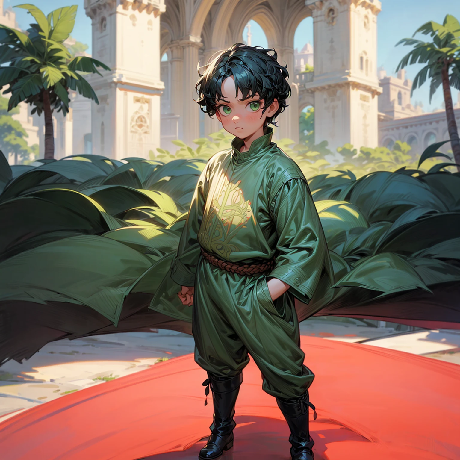Solo character, full body version, baby kid boy, Big fat body, very tall 100 feet high, very big palms, black color hair, green eyes, short curly hairstyle, gladiator outfits, helm Vikings, boots, backgroun in outdoor Castle, standing gesture, (one piece style art), grass on background, plants on background, baby face