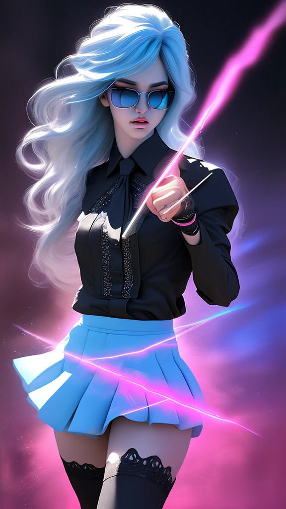 hyperrealistic characters, neon outline effect, neon paint shading effect, bright colors, magical special effects, digital watercolor effect, air flow visualization effect, 1girl, black shirt, white tie, translucent round sunglasses, gothic soft makeup, long silky hair, beautiful blue eyes, black mini skirt, stockings, posing, fighting pose, casting a spell, reading a spell, (best quality,4k,8k,highres,masterpiece:1.2),ultra-detailed,(realistic,photorealistic,photo-realistic:1.37),vivid colors,studio lighting,extreme detail description,professional