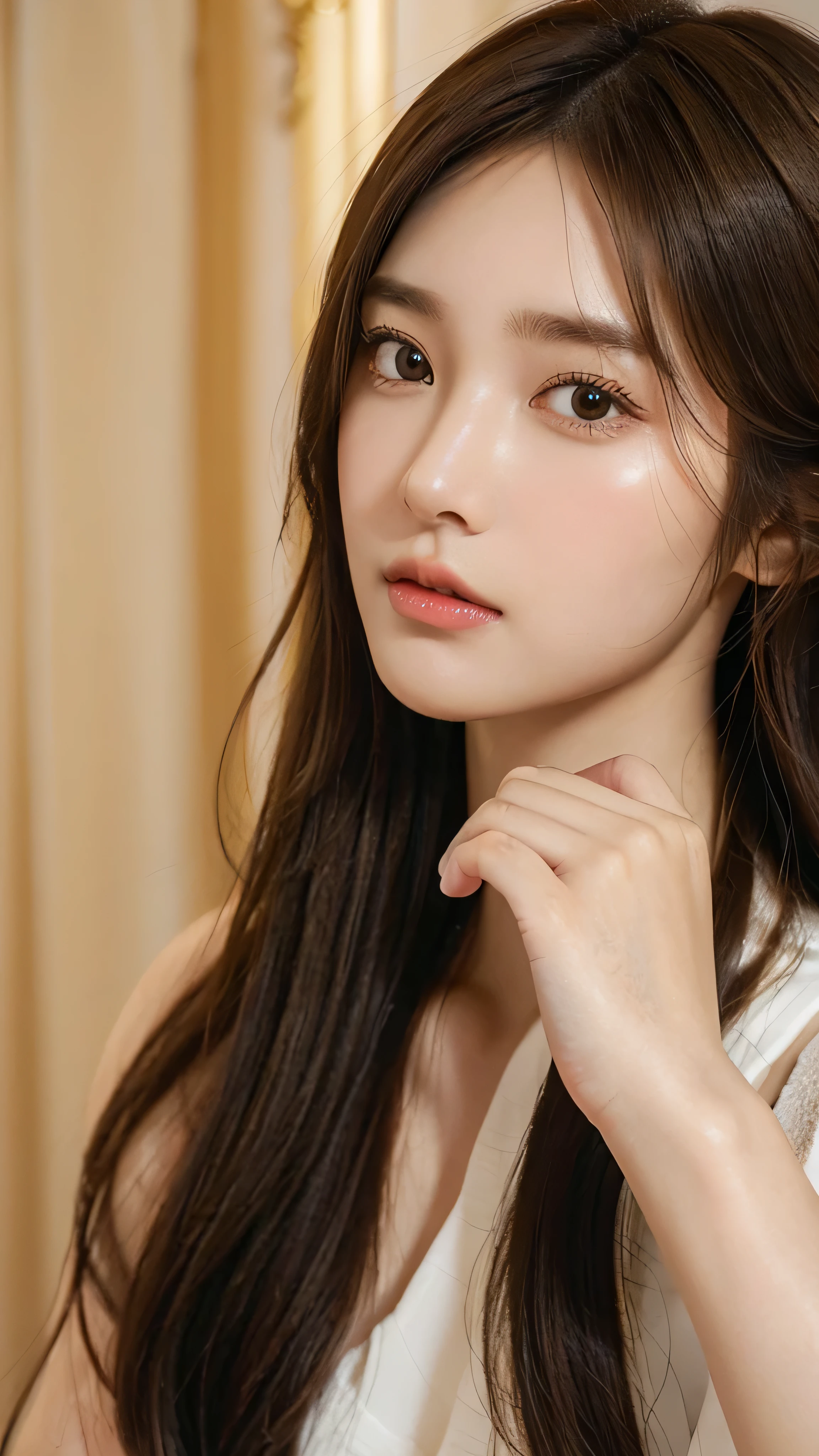 A close up of a woman with long hair and a white top - SeaArt AI