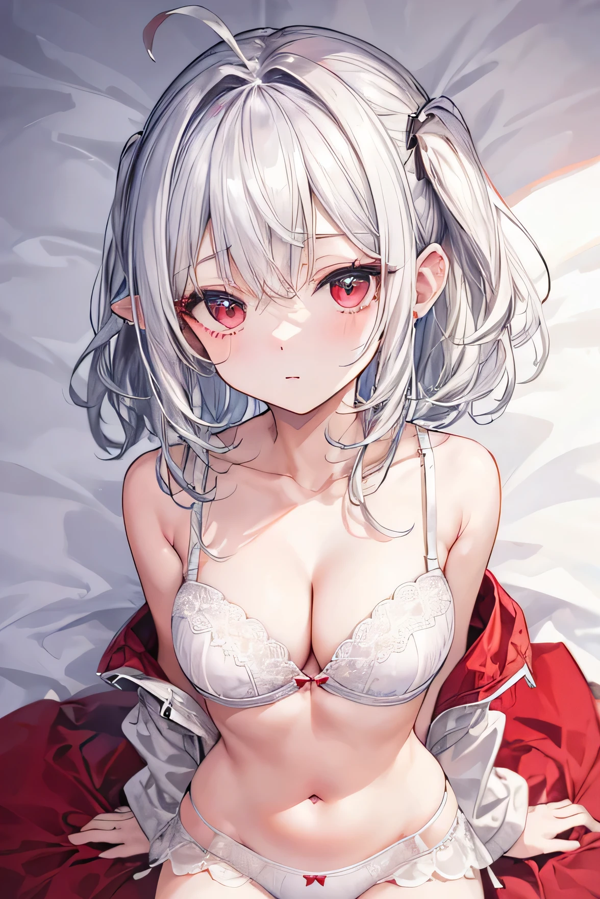 Masterpiece、Anime Coloring、Ultra fine、16K、Highest quality、((Silver Hair Mesh))((Elven pointed long ears))、((White underwear、In underwear))、blush、Looking up、Medium Hair、bed、Stylish room、((Medium chest))、((Cleavage))、((detailed eyes))、((lie on bed))、Red eyes、Ahoge、