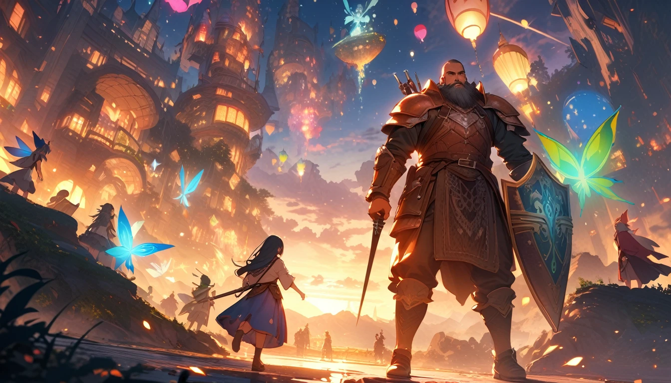 (masterpiece:1.4), (Highest quality:1.4), Very detailed, Complex, Very detailed, shape,Soft lighting, Scenic, More than one personで走り出そうとしている, Hopeful Face, smile, More than one person, Mixed, a group of adventurers, character from RPG games, (character: human, Fairy, Fairy, Dwarf, The Hobbit), (exterior: Swordsman Style, Shaman Style, Monk Style, Magician style), (averi: Long sword, dagger, Holy Staff, Magic wand, shield, metal armor, Leather Armor), Perfectly accurate anatomical shape、All limbs intact、Perfect full finger, Colorful characters, A landscape colored in earth tones, Huge, Majestic, Run towards tomorrow々, Uplifting expressions, みんなのsmileが素晴らしい.