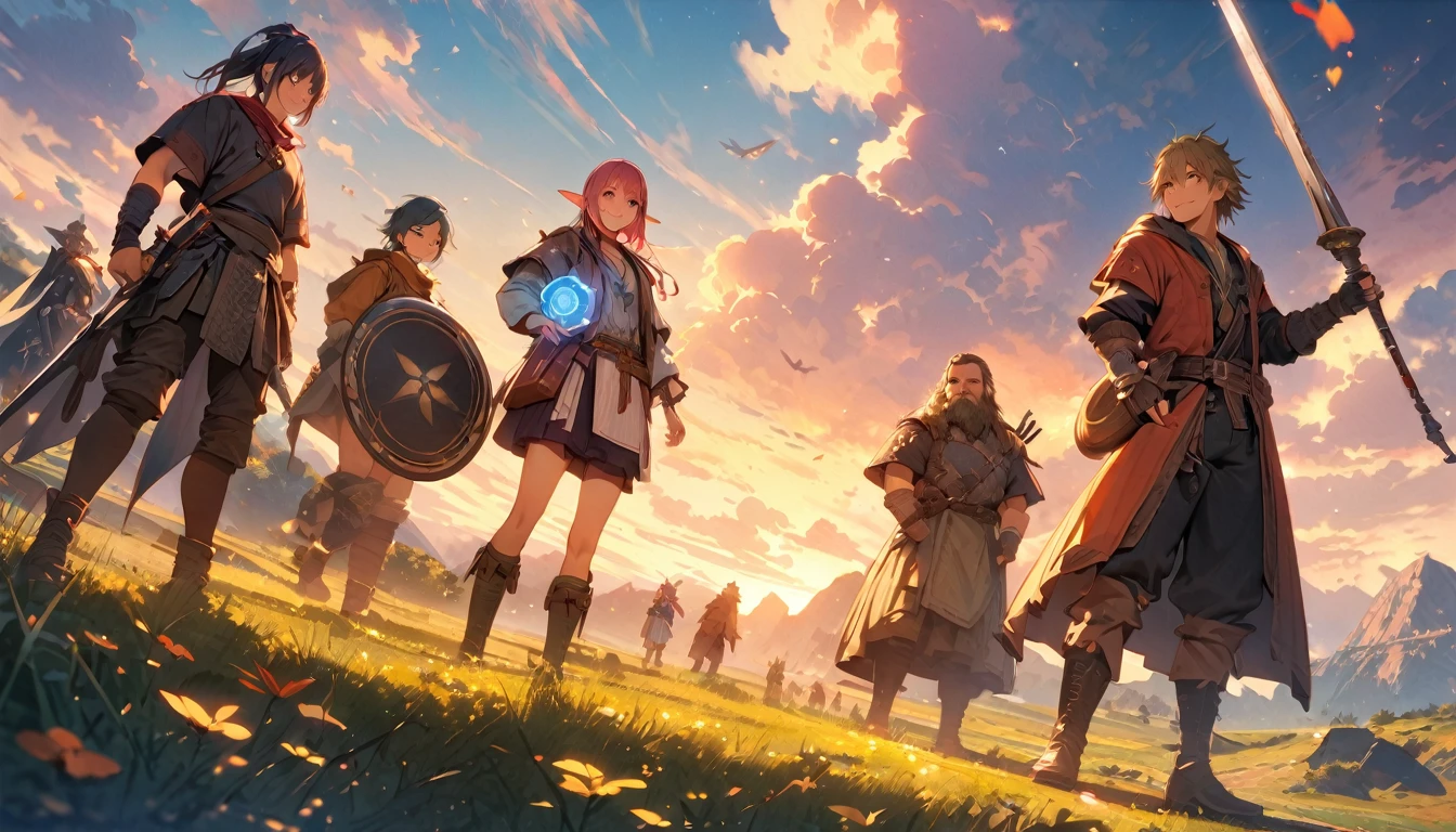 (masterpiece:1.4), (Highest quality:1.4), Very detailed, Complex, Very detailed, shape,Soft lighting, Scenic, More than one personで走り出そうとしている, Hopeful Face, smile, More than one person, Mixed, a group of adventurers, character from RPG games, (character: human, Fairy, Fairy, Dwarf, The Hobbit), (exterior: Swordsman Style, Shaman Style, Monk Style, Magician style), (averi: Long sword, dagger, Holy Staff, Magic wand, shield, metal armor, Leather Armor), Perfectly accurate anatomical shape、All limbs intact、Perfect full finger, Colorful characters, A landscape colored in earth tones, Huge, Majestic, Run towards tomorrow々, Uplifting expressions, みんなのsmileが素晴らしい.