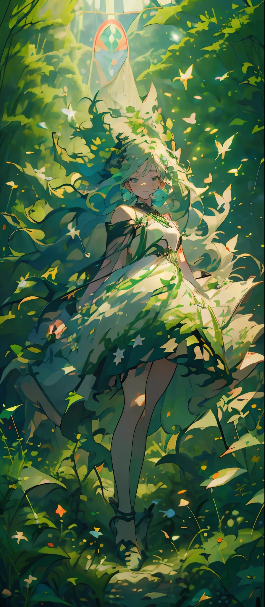 (Mastepiece), (Best Quality), Very detailed, 1 girl, (Solo full body shot:1.4), Perfect Face, beautiful girl, Very detailedな顔，(Long white hair:1.5)，(Green Eyes:1.4)，(Lots of butterflies々:1.2)、(forest、Flower Field:1.4)、(Lots of petals:1.3)、(gem:1.3)、(smile:1.3)、Fairy、mysterious、Fantasy、beautiful、beautiful