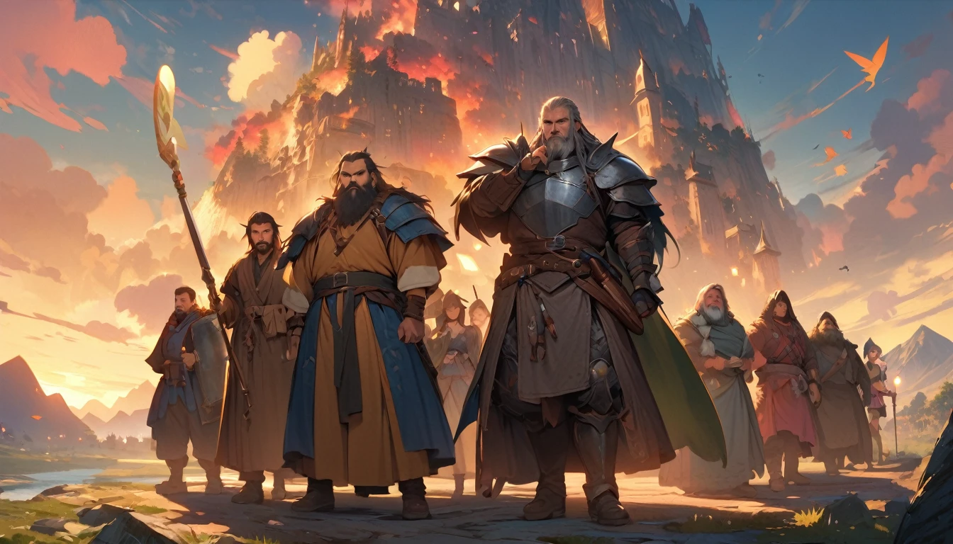 (masterpiece:1.4), (Highest quality:1.4), Very detailed, Complex, Very detailed, shape,Soft lighting, Scenic, More than one personで走り出そうとしている, Hopeful Face, smile, More than one person, Mixed, a group of adventurers, character from RPG games, (character: human, Fairy, Fairy, Dwarf, The Hobbit), (exterior: Swordsman Style, Shaman Style, Monk Style, Magician style), (averi: Long sword, dagger, Holy Staff, Magic wand, shield, metal armor, Leather Armor), Perfectly accurate anatomical shape、All limbs intact、Perfect full finger, Colorful characters, A landscape colored in earth tones, Huge, Majestic, Run towards tomorrow々, Uplifting expressions, みんなのsmileが素晴らしい.