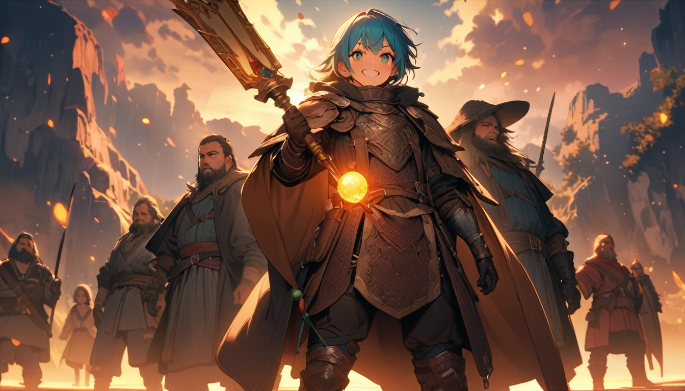 (masterpiece:1.4), (Highest quality:1.4), Very detailed, Complex, Very detailed, shape,Soft lighting, Scenic, More than one personで走り出そうとしている, Hopeful Face, smile, More than one person, Mixed, a group of adventurers, character from RPG games, (character: human, Fairy, Fairy, Dwarf, The Hobbit), (exterior: Swordsman Style, Shaman Style, Monk Style, Magician style), (averi: Long sword, dagger, Holy Staff, Magic wand, shield, metal armor, Leather Armor), Perfectly accurate anatomical shape、All limbs intact、Perfect full finger, Colorful characters, A landscape colored in earth tones, Huge, Majestic, Run towards tomorrow々, Uplifting expressions, みんなのsmileが素晴らしい.