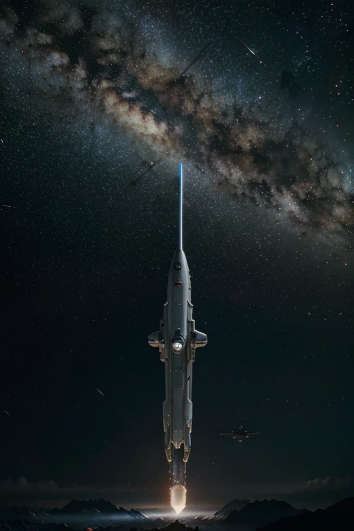 A spaceship flying through the galaxy with stars and bright stars., Concept art inspired by Eve Rider., ผู้ชนะการประกวด cg Society, space art, Mighty beautiful space sci-fi,, Sci-fi movie shock, Eve Online Movies still available, Great spaceship scene, science fiction spaceship, There is the Milky Way galaxy.