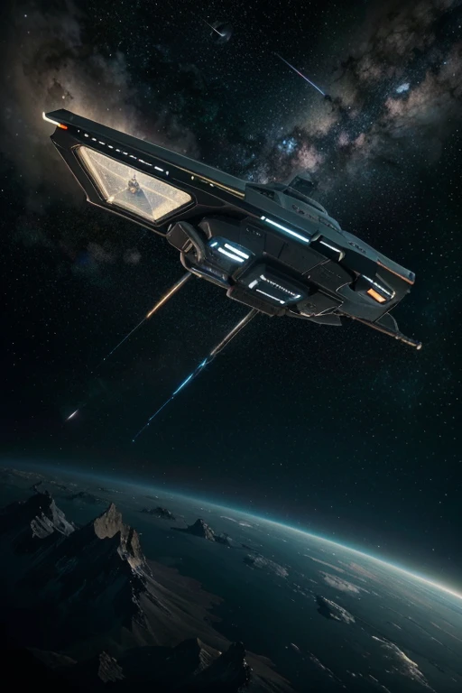 A spaceship flying through the galaxy with stars and bright stars., Concept art inspired by Eve Rider., ผู้ชนะการประกวด cg Society, space art, Mighty beautiful space sci-fi,, Sci-fi movie shock, Eve Online Movies still available, Great spaceship scene, science fiction spaceship, There is the Milky Way galaxy.