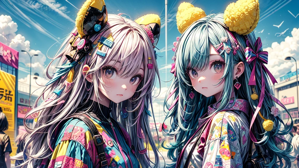 "cute, beautiful, Cute in pink clothes, yellow, and sky blue color scheme. Wear clothes with a sky motif, such as clouds and the sky... Her outfit is fluffy and soft.., Comes with decorative accessories such as hair clips.. Embodying the vibrant and modern Harajuku fashion style。.."