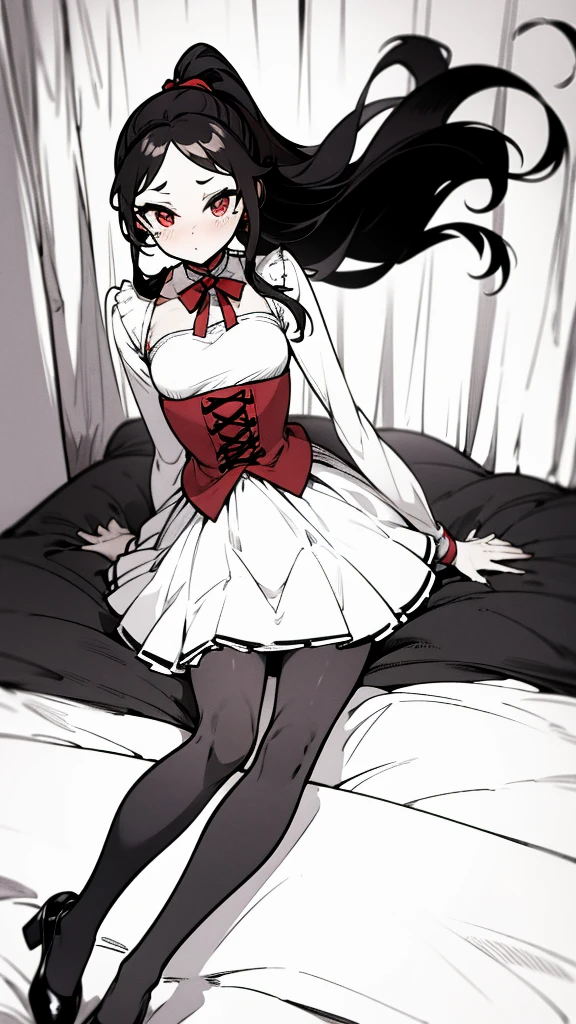 using pantimedies, wavy black hair, piercing look with deep red eyes, average stature, Silky hair with a ponytail hairstyle collected with a red bow with two white lines, with clothes, has a vagina, has breasts, cup of breasts, small breasts, slim, foreground, Session, sitting in her room, sitting on the floor of her room, wearing pantyhose, using pantimedies, Picardias, short skirt, shoes, blouse with straps, blush, opening her legs making her panties visible, open legs, perfect white panty, Skirt fluttering in the wind