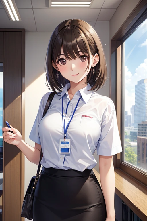 anegasaki nene、Shiny brown hair, short hair, (Beautiful brown eyes、Sparkling eyes, Fine grain)、smile、Ultra-detailed eyes、Highly detailed face, Highly detailed eyes,

Cowboy Shot、

1 Woman Standing, /(casual shirt/) (Pencil Skirt:1.1) /(ID card strap/), Mature Woman, / bangs, 赤面する優しいsmile, (Masterpiece Top quality:1.2) Delicate illustrations, super detailed, Big Break /(Modern office indoors/), Skyscraper with windows