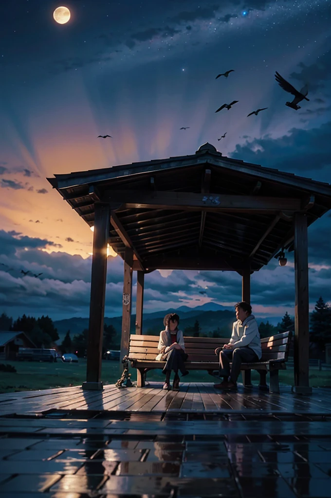 Ultra HD、Delicate and precise depiction、Full moon night、Couple sitting on a bench、 Magnificent and peaceful atmosphere。In the background you can see a starry sky and flying birds.、Ghibli style