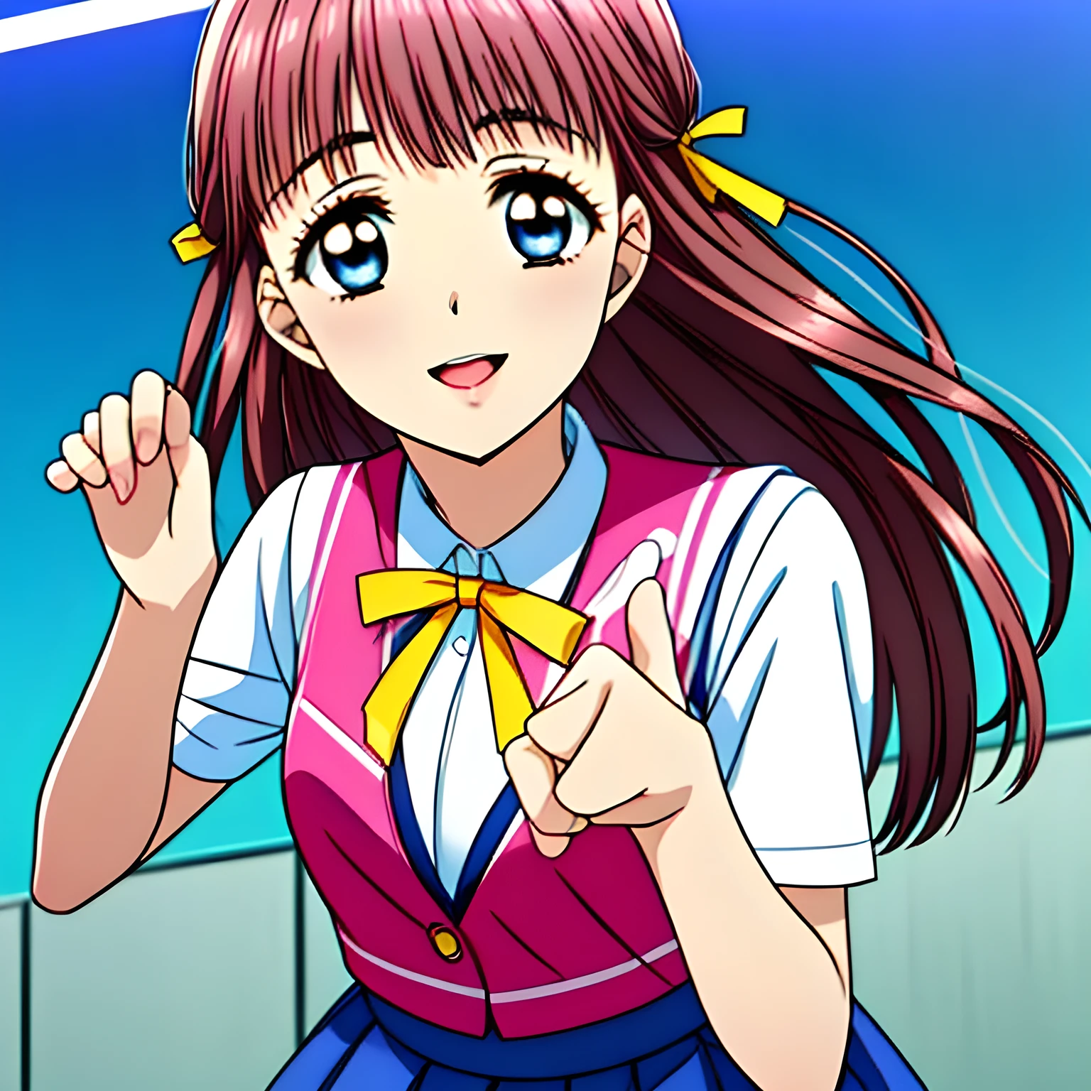 (highest quality, masterpiece:1.2), highest quality, High resolution, 1080P, 8k, (Very beautiful and delicately drawn high-resolution anime CG: 1.5), (A beautiful 15yo girl anime heroine, A very neat, very noble, pretty, pure), Glossy lips, Evenly cut bangs, (beautiful blue eyes with detailed: 1.2), (Very beautiful and very long flowing pink hair: 1.2), (Noble blue school vest uniform, blue pleated noble skirt, white blouse: 1.6), (Big yellow cute wide ribbon on her chest), (Yellow hair ribbon clip: 1.0), (Giggling: 1.0), (Mouth is laughing and wide open as a game heroine: 1.0), (A beautiful body like a model), (Walking with a school bag, turning around), (long cute eyelashes: 1.4), ((thin droopy eyebrows: 1.4)), (giggling and calling me to invite me to her extreme happiness with her mouth widely open!: 1.6), (showing her very long tongue: 1.6), (laughing shy cheeks and lips, as if watching a comedy: 1.5), ((Very super long wavy hair is too much beautiful: 1.0)), (Tilting her head shyly), (Too beautiful women to stop falling into her, makes me crazy: 1.6), (She is in fact succubi and calling me with strong religious temptation, drops me into craziness: 1.2), (showing her palm to invite me: 1.2)