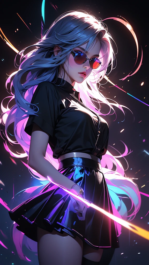 hyperrealistic characters, neon outline effect, neon paint shading effect, bright colors, magical special effects, digital watercolor effect, air flow visualization effect, 1girl, black shirt, white tie, translucent round sunglasses, gothic soft makeup, long silky hair, beautiful blue eyes, black mini skirt, stockings, posing, fighting pose, casting a spell, reading a spell, (best quality,4k,8k,highres,masterpiece:1.2),ultra-detailed,(realistic,photorealistic,photo-realistic:1.37),vivid colors,studio lighting,extreme detail description,professional