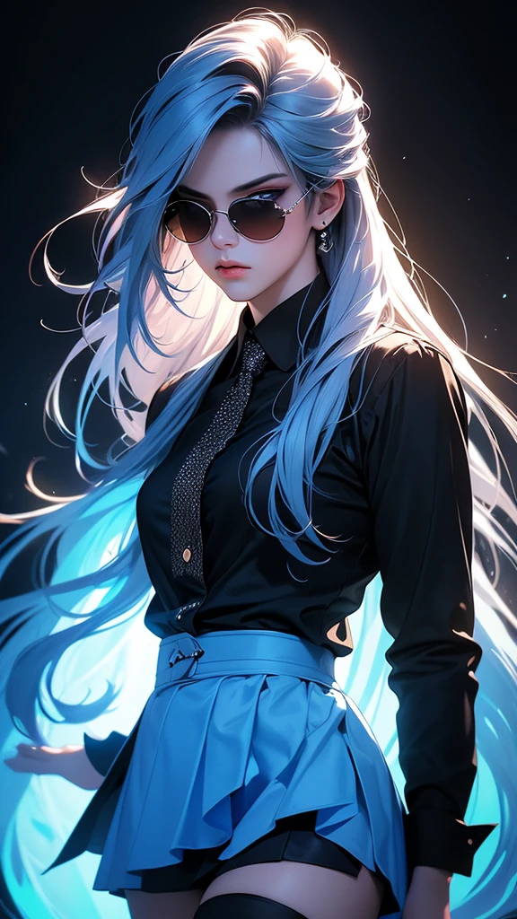 hyperrealistic characters, neon outline effect, neon paint shading effect, bright colors, magical special effects, digital watercolor effect, air flow visualization effect, 1girl, black shirt, white tie, translucent round sunglasses, gothic soft makeup, long silky hair, beautiful blue eyes, black mini skirt, stockings, posing, fighting pose, casting a spell, reading a spell, (best quality,4k,8k,highres,masterpiece:1.2),ultra-detailed,(realistic,photorealistic,photo-realistic:1.37),vivid colors,studio lighting,extreme detail description,professional