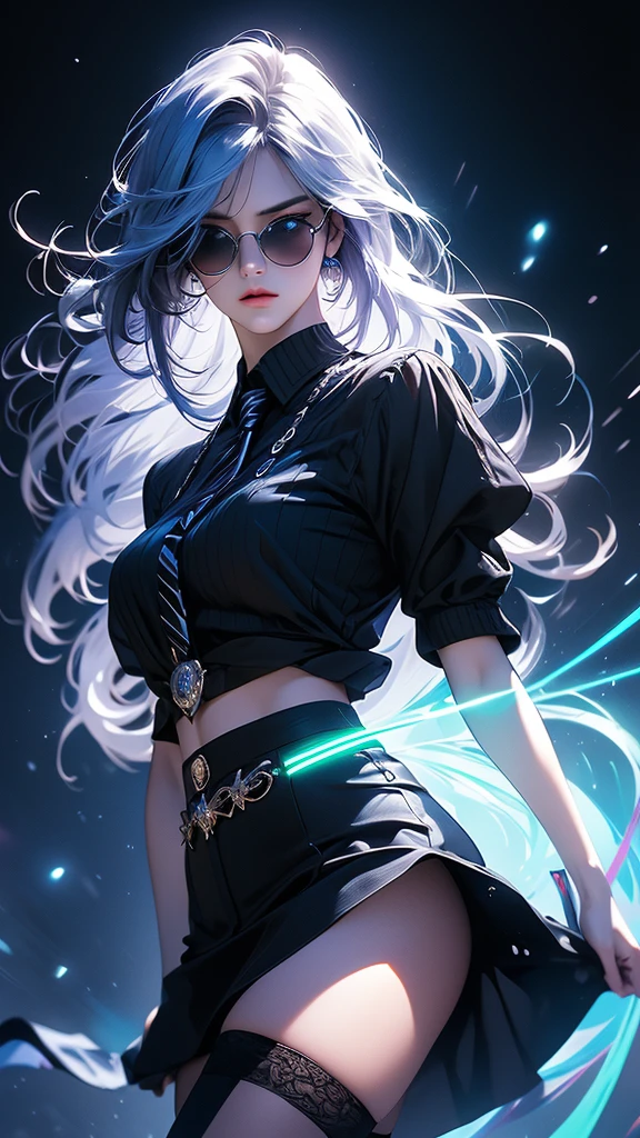 hyperrealistic characters, neon outline effect, neon paint shading effect, bright colors, magical special effects, digital watercolor effect, air flow visualization effect, 1girl, black shirt, white tie, translucent round sunglasses, gothic soft makeup, long silky hair, beautiful blue eyes, black mini skirt, stockings, posing, fighting pose, casting a spell, reading a spell, (best quality,4k,8k,highres,masterpiece:1.2),ultra-detailed,(realistic,photorealistic,photo-realistic:1.37),vivid colors,studio lighting,extreme detail description,professional