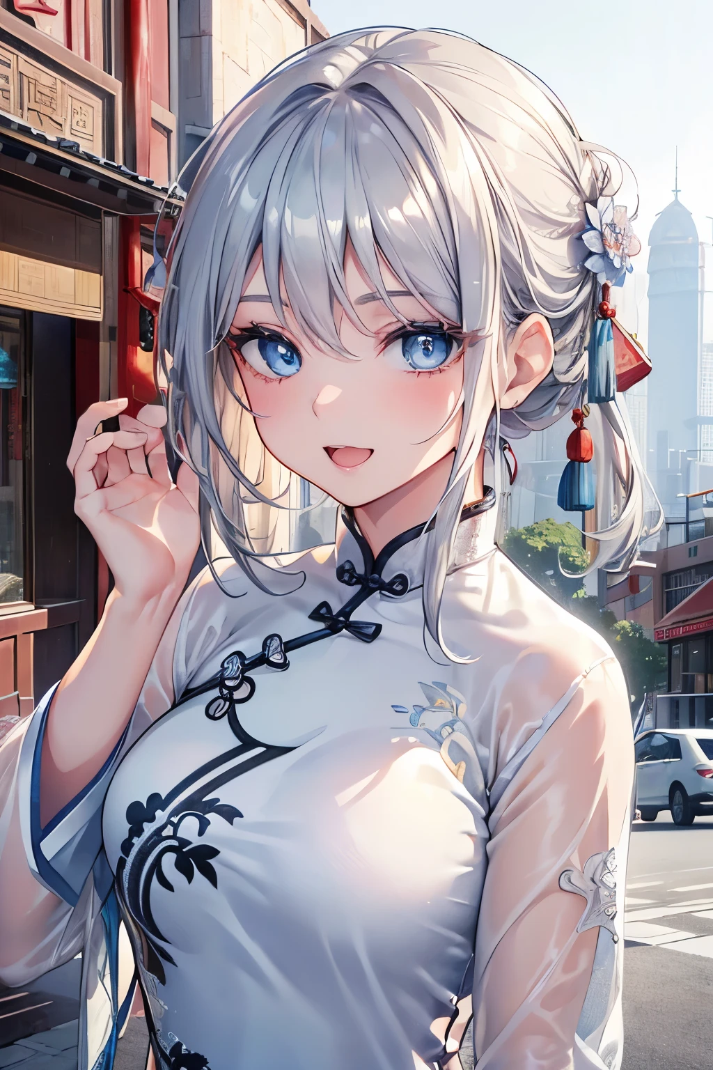(Best quality,4K,8K,High resolution,Masterpiece:1.2),Super detailed,(Actual, Realistic),
break,
((Beautiful clear blue eyes:1.2)),very kind eyes,eyes wide open,beautiful eyelashes,beautiful lower eyelashes,
break,
((Beautiful and shiny silver hair:1.3)),A dazzling smile, a bursting smile, an open mouth laugh,
break,
((cheongsam clothes:1.3)),
break,
very happily,((bust shot)),zoom in,((downtown china:1.3))
