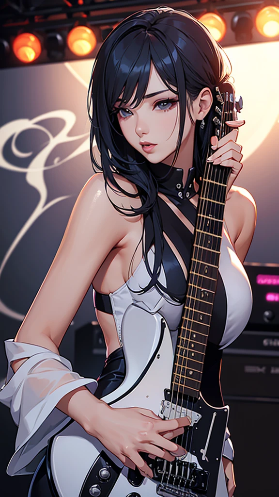 (Black background)(a very delicate and beautiful)、a very delicate and beautiful)、(Gray hair)(Black mesh)(frontage)(Black shirt)、dynamic ungle、portlate)、(smooth hair)、(Big eyes)beautiful countenance、de pele branca、depth of fields、radiant lips、(Playing the bass)