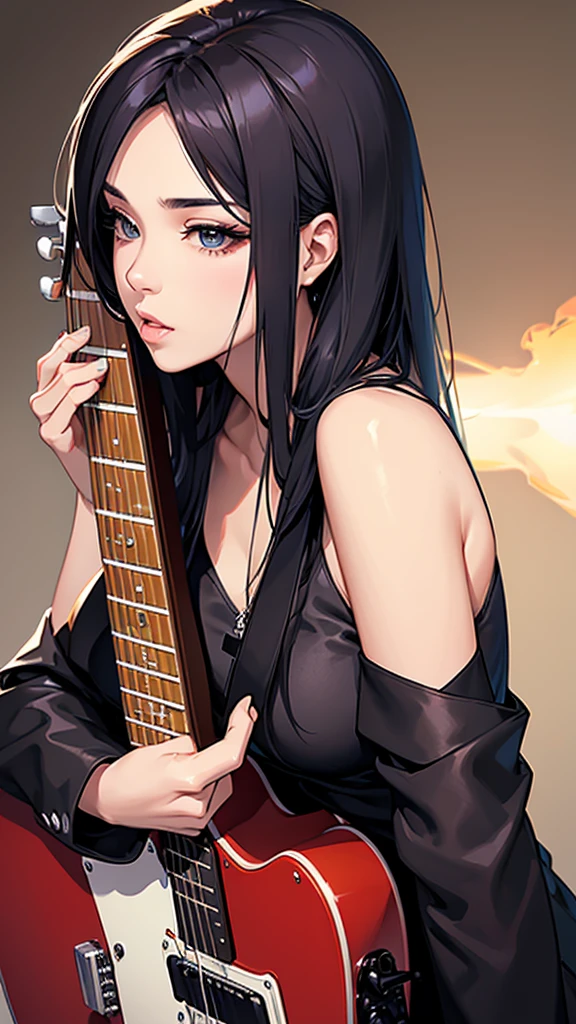 Cool sexy woman kissing an electric guitar。Smoke on background。Close-up of face。