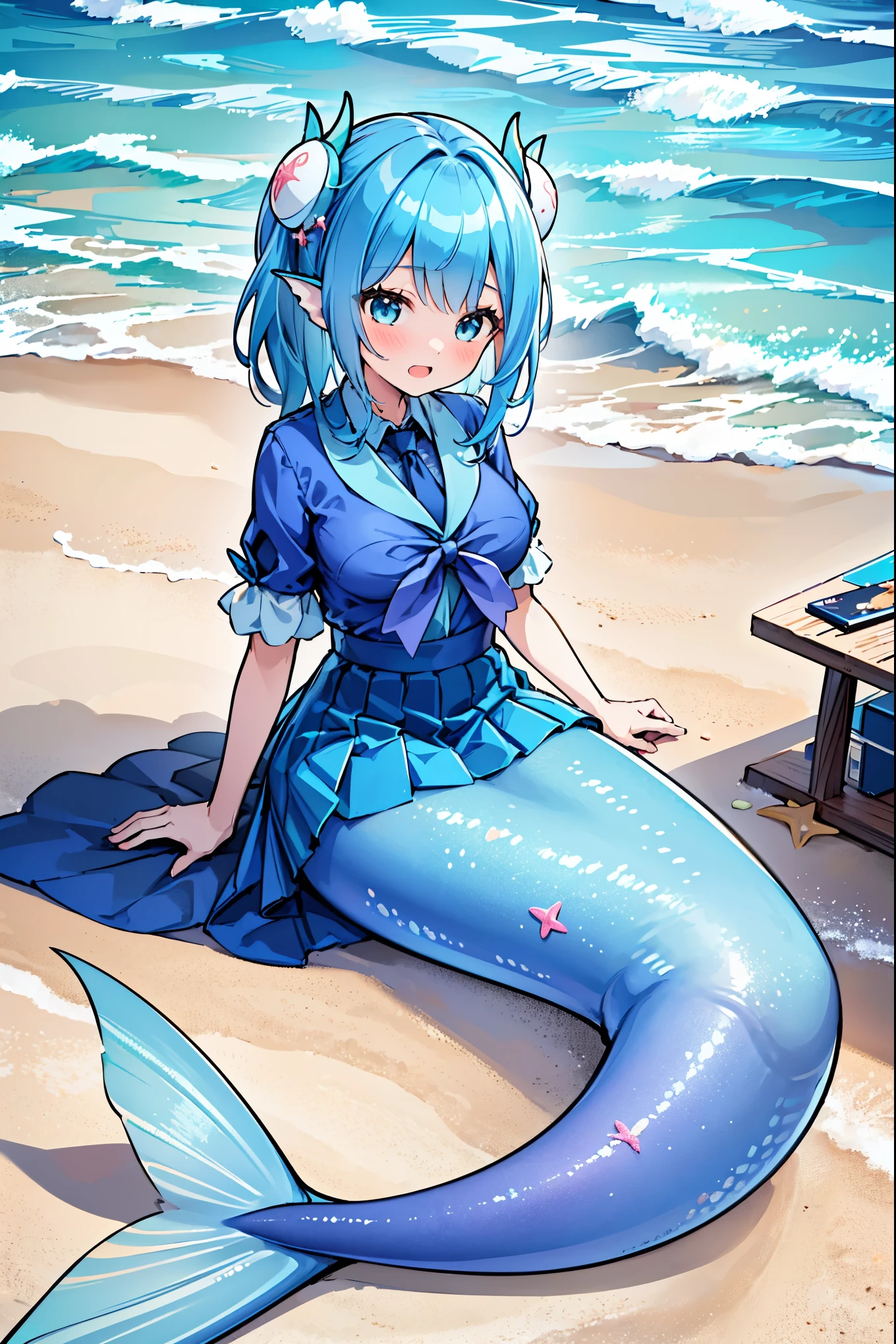 masterpiece, best quality,(Full fingers),A woman,Mermaid,Large Breasts,Head fin,Blue shirt,Blue Skirt,藍色的Mermaid尾巴,full-body shot,ocean,Beach,charming脸(Kawaii, charming,Soft)